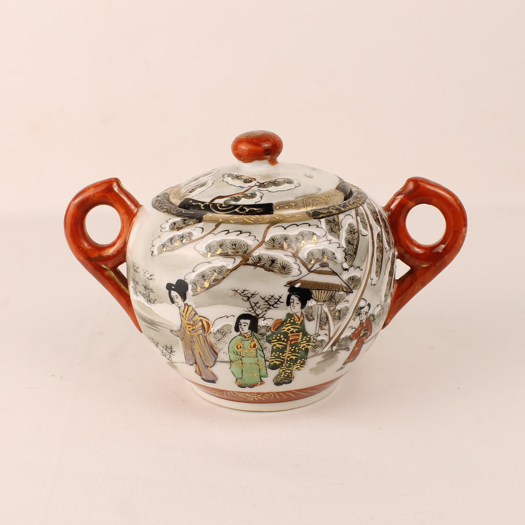 Japanese Satsuma Style Sugar Bowl – Hand-Painted Winter Scene – Gilded & Red Accents