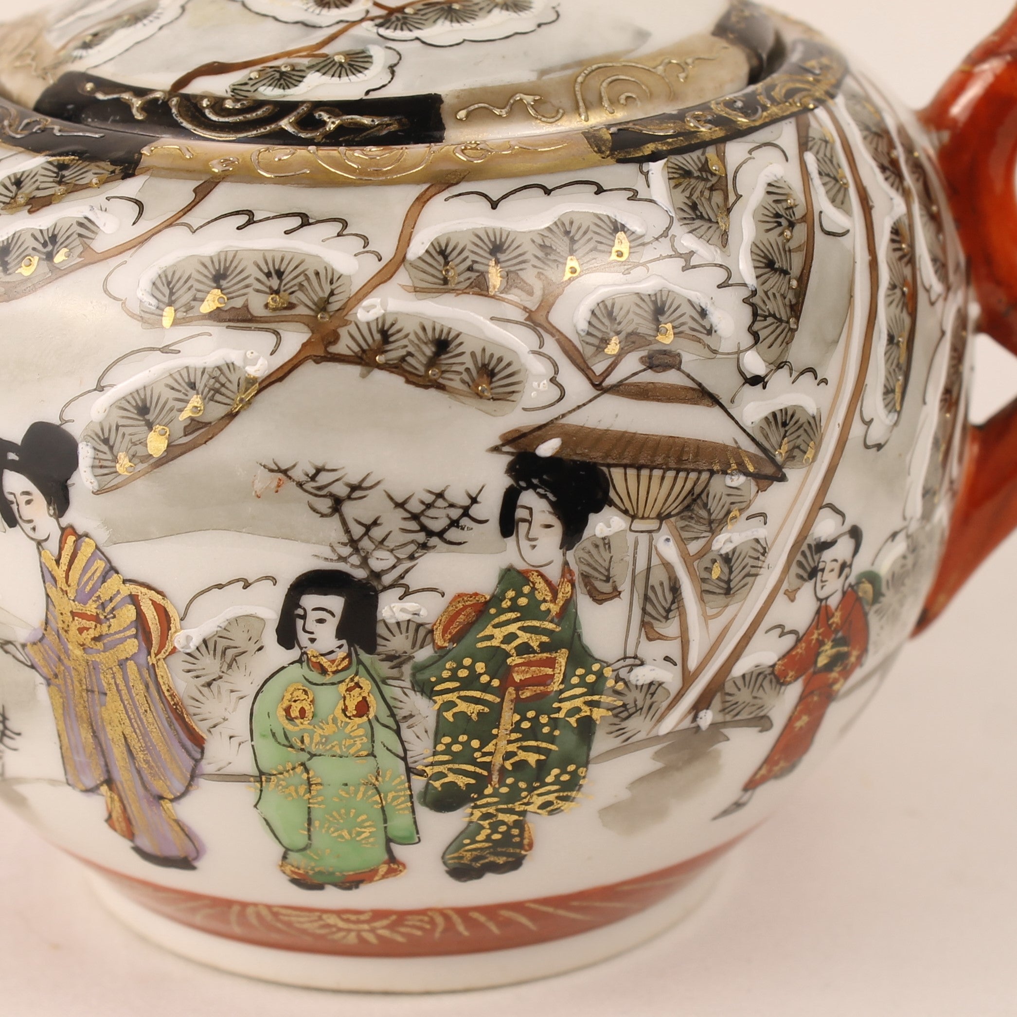 Japanese Satsuma Style Sugar Bowl – Hand-Painted Winter Scene – Gilded & Red Accents