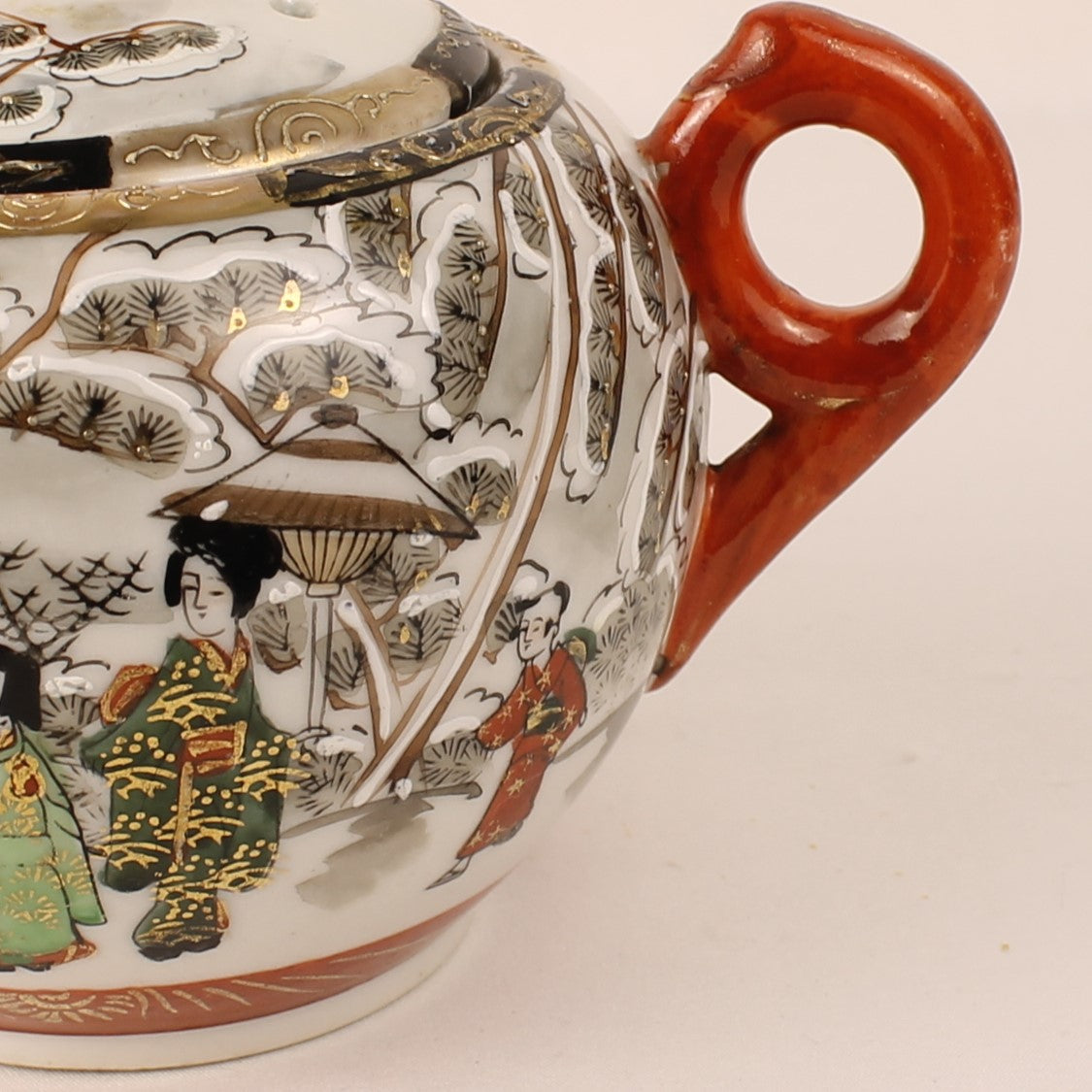 Japanese Satsuma Style Sugar Bowl – Hand-Painted Winter Scene – Gilded & Red Accents