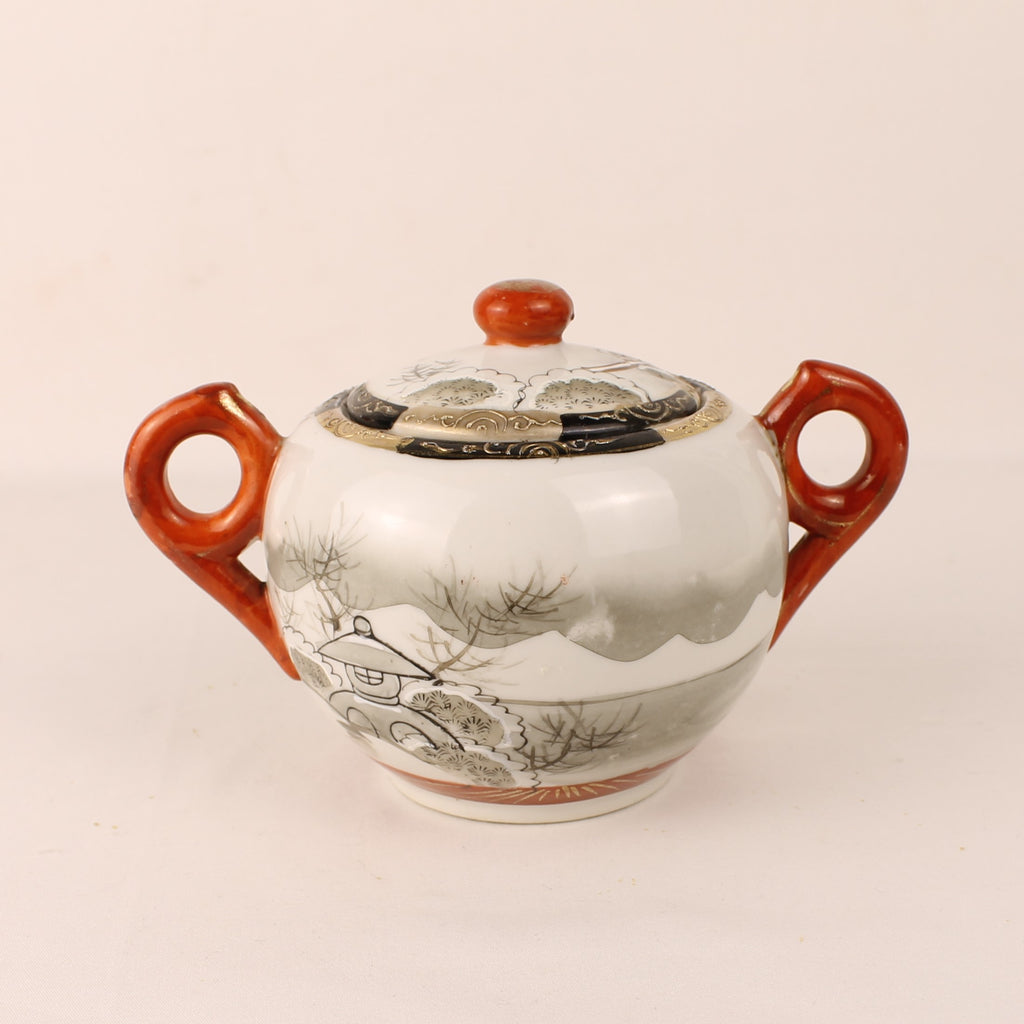Japanese Satsuma Style Sugar Bowl – Hand-Painted Winter Scene – Gilded & Red Accents