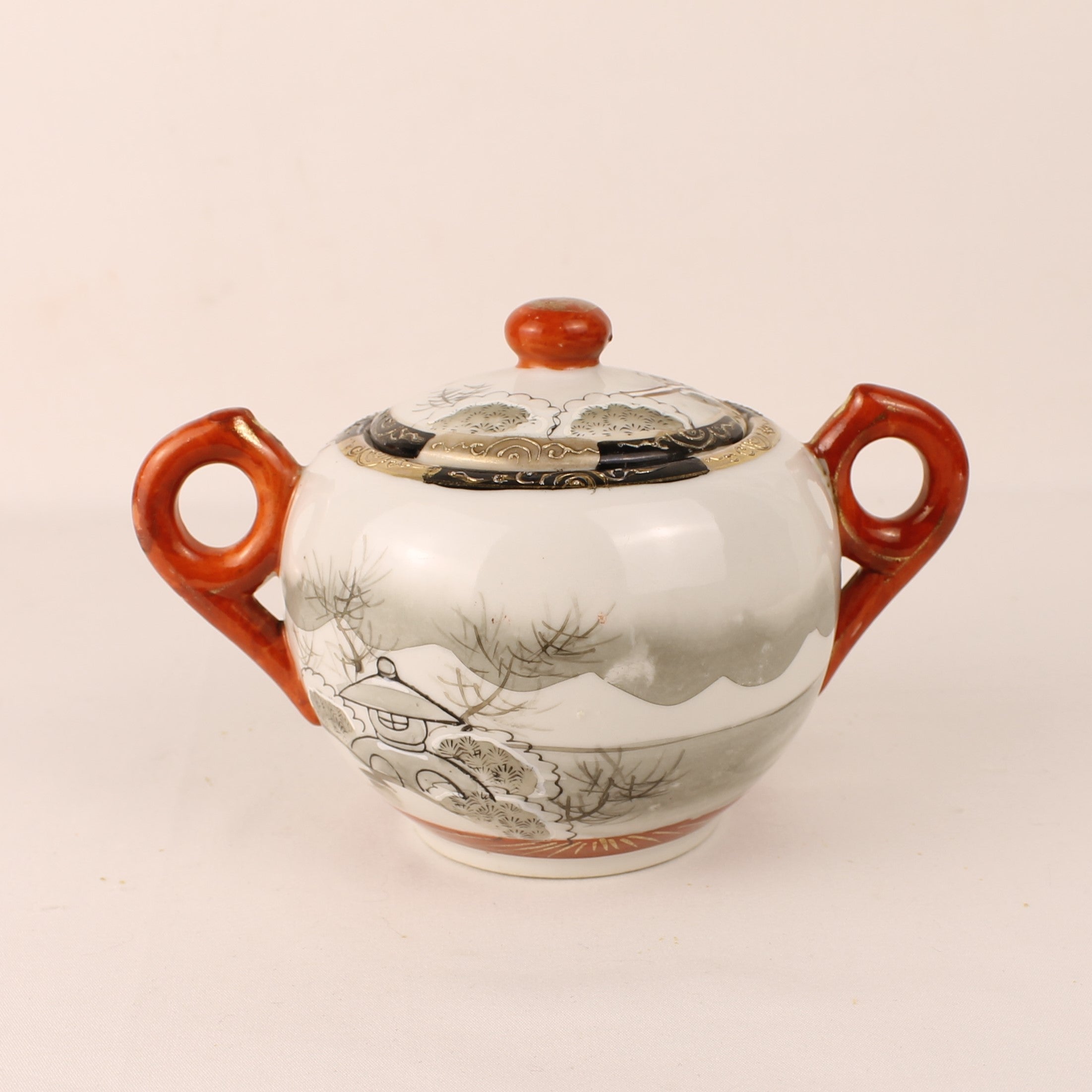 Japanese Satsuma Style Sugar Bowl – Hand-Painted Winter Scene – Gilded & Red Accents