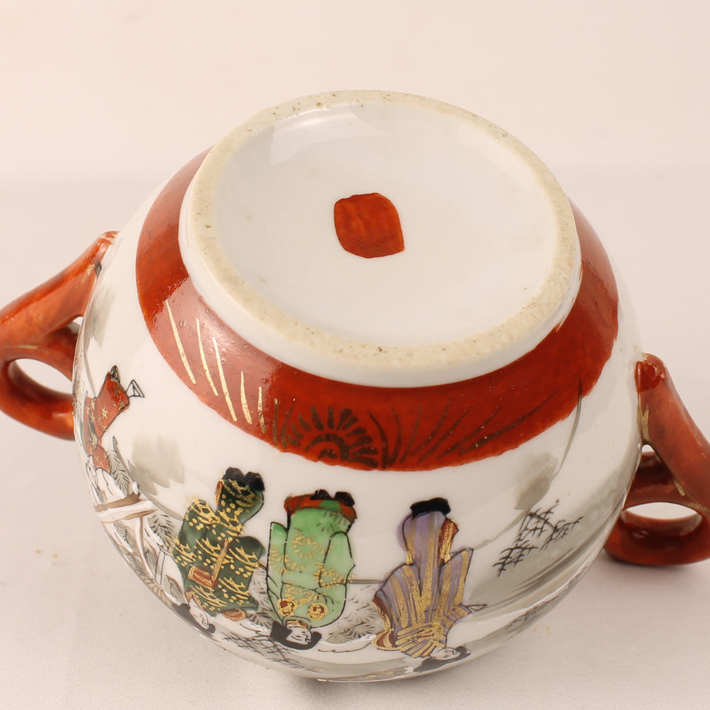 Japanese Satsuma Style Sugar Bowl – Hand-Painted Winter Scene – Gilded & Red Accents