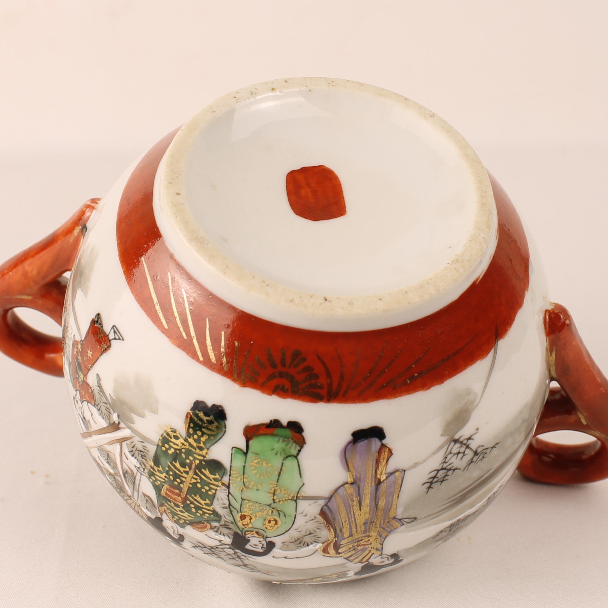 Japanese Satsuma Style Sugar Bowl – Hand-Painted Winter Scene – Gilded & Red Accents
