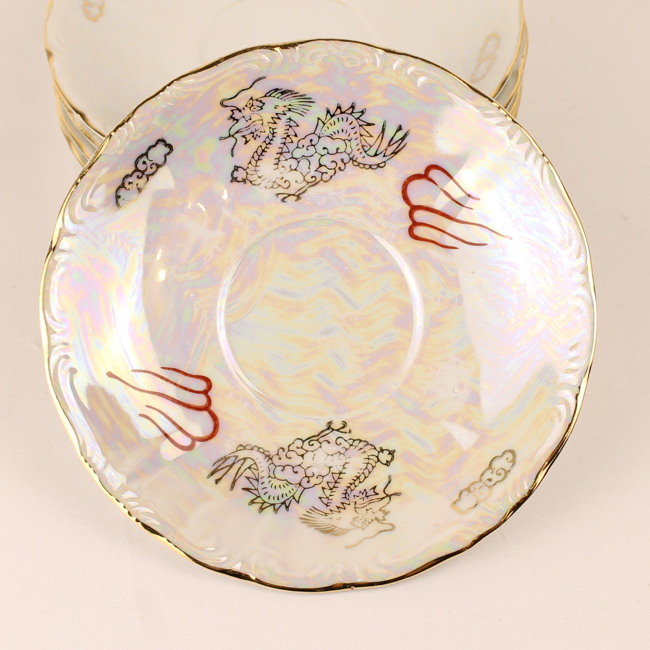 Ensemble Tasse et Soucoupe Japonais Dragonware Nacre – 10 pièces – env. 1960-1975