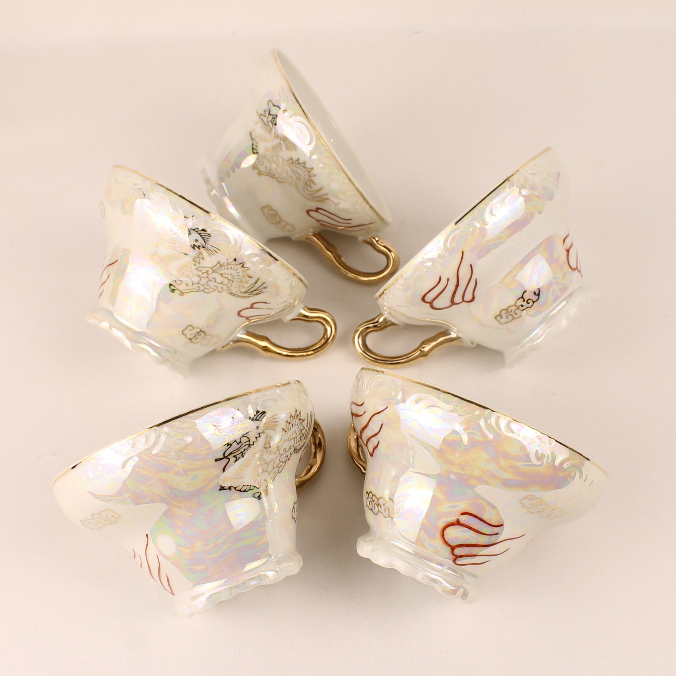 Ensemble Tasse et Soucoupe Japonais Dragonware Nacre – 10 pièces – env. 1960-1975