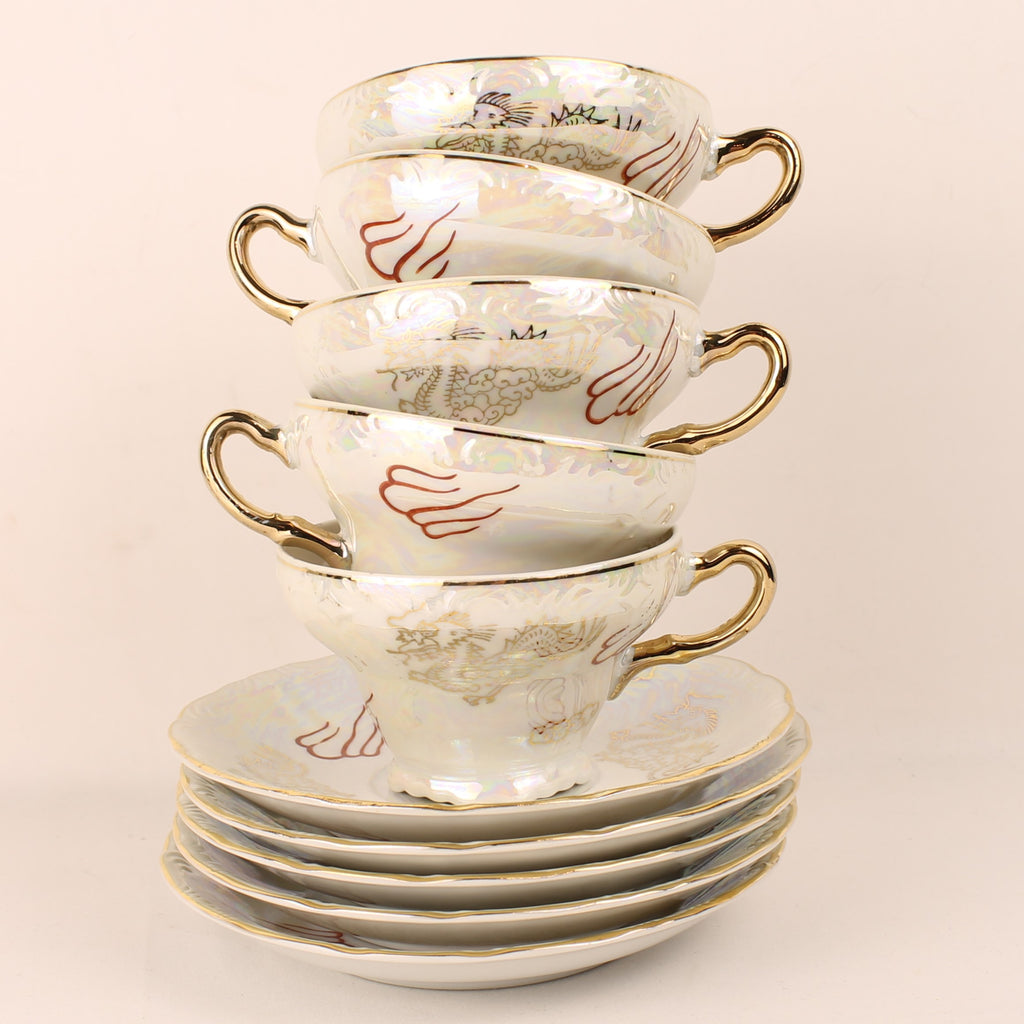 Japans Parelmoer Dragonware Kop & Schotel Set - 10-delig - ca. 1960-1975