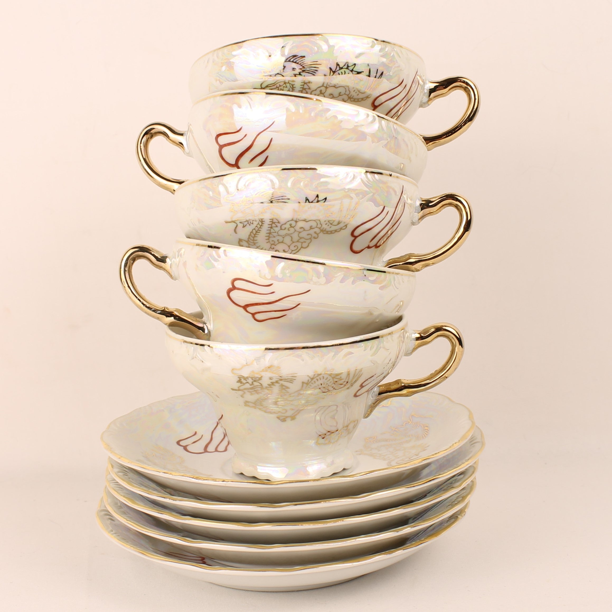 Ensemble Tasse et Soucoupe Japonais Dragonware Nacre – 10 pièces – env. 1960-1975