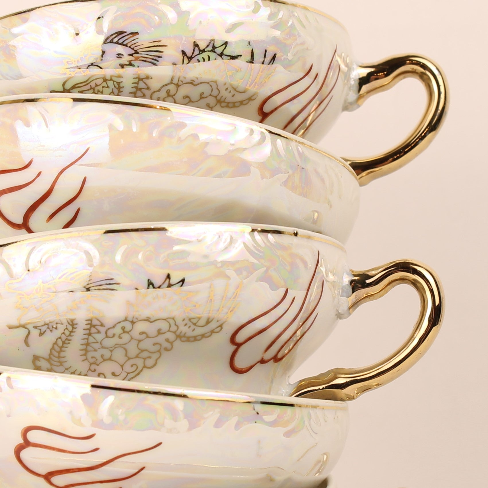 Ensemble Tasse et Soucoupe Japonais Dragonware Nacre – 10 pièces – env. 1960-1975