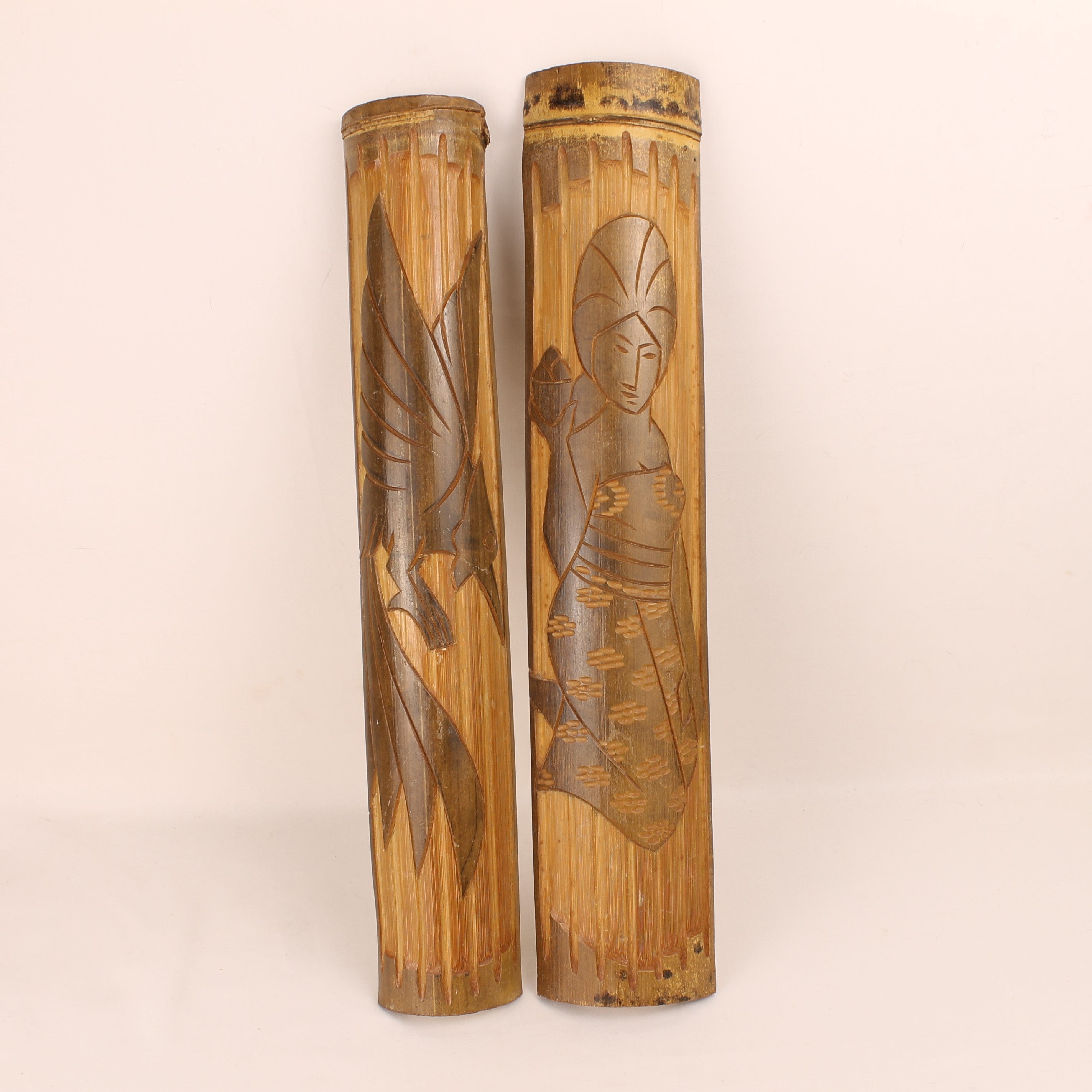 Japanese Bamboo Wall Panels – Hand-Carved Bird & Geisha – Set of 2