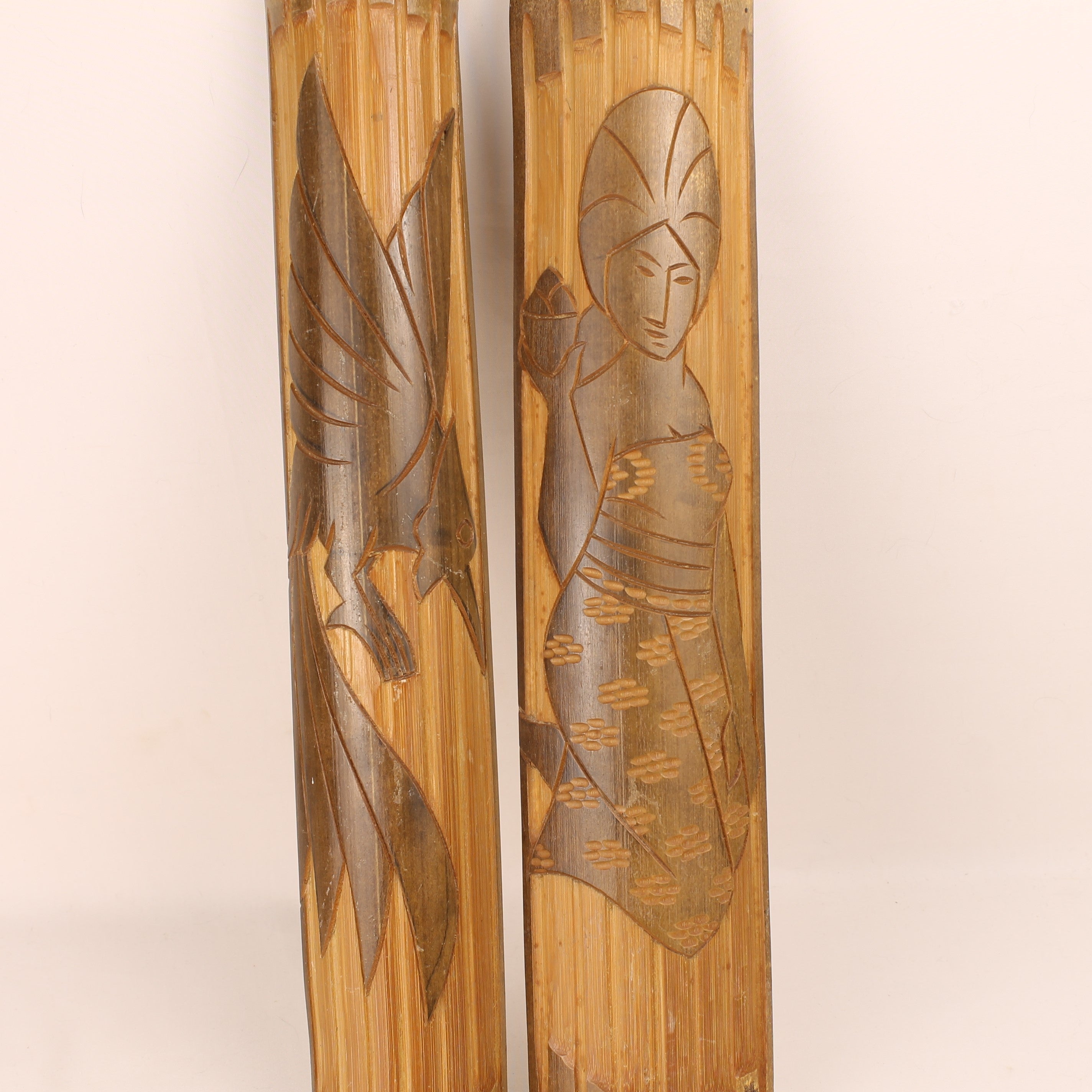 Japanese Bamboo Wall Panels – Hand-Carved Bird & Geisha – Set of 2