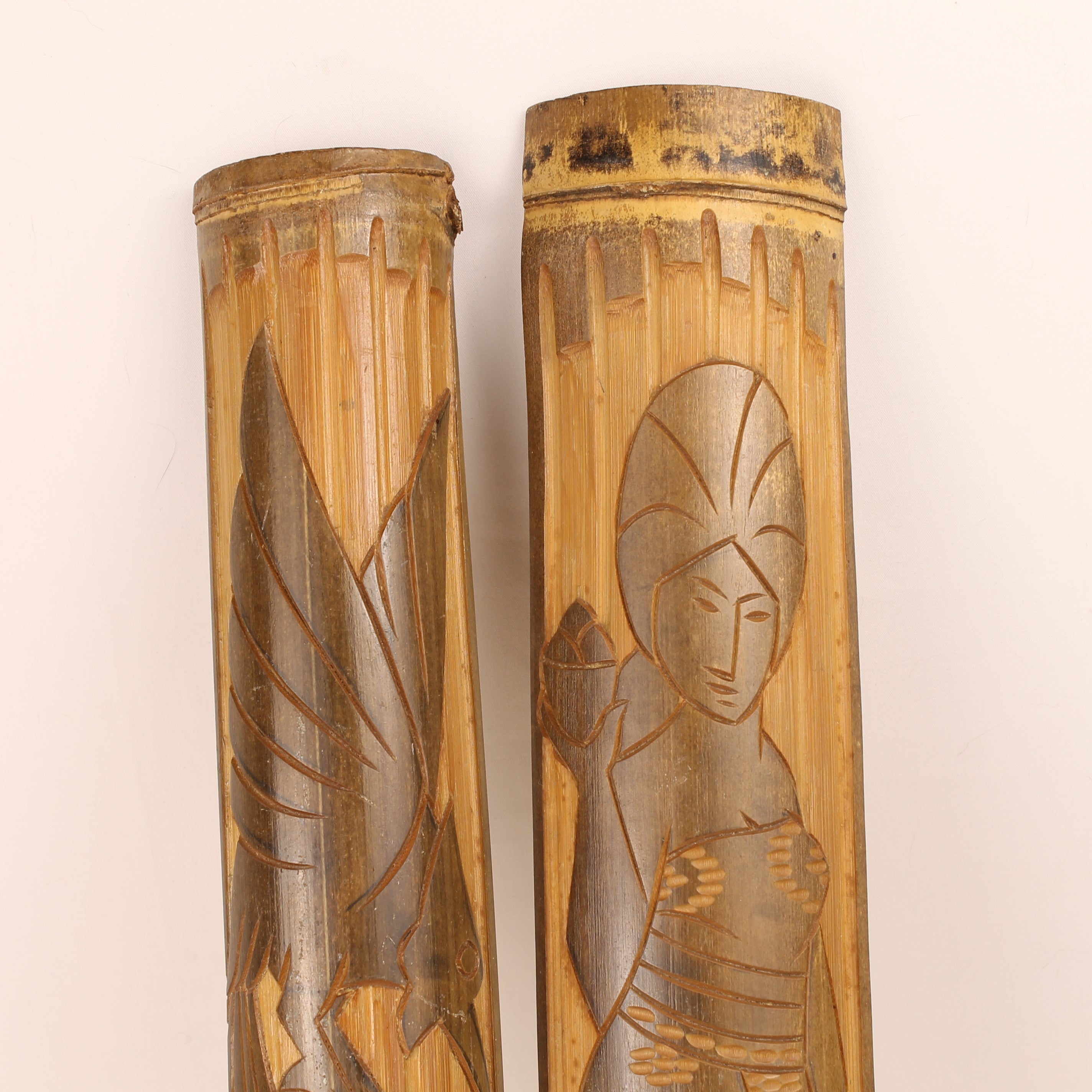 Japanese Bamboo Wall Panels – Hand-Carved Bird & Geisha – Set of 2