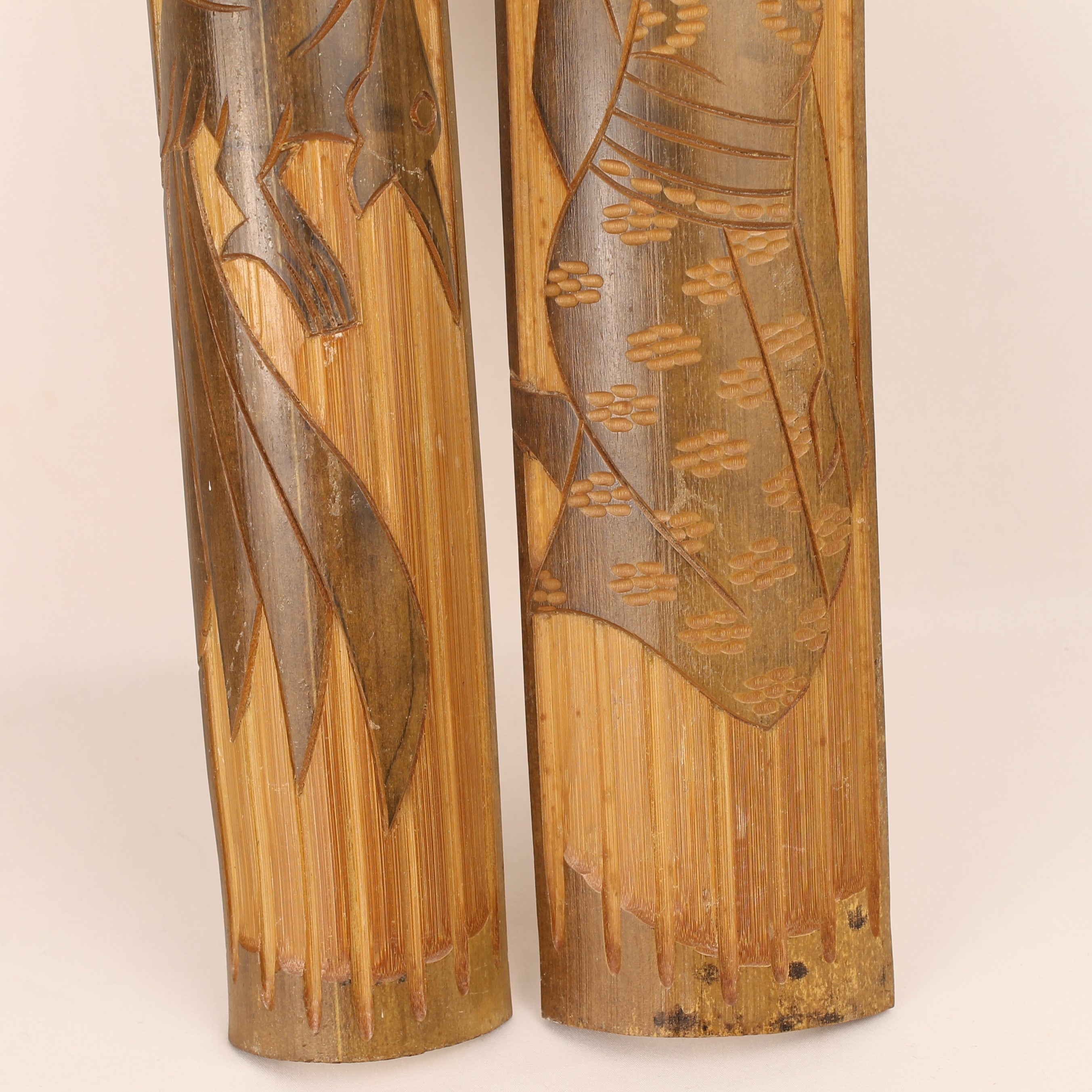 Japanese Bamboo Wall Panels – Hand-Carved Bird & Geisha – Set of 2