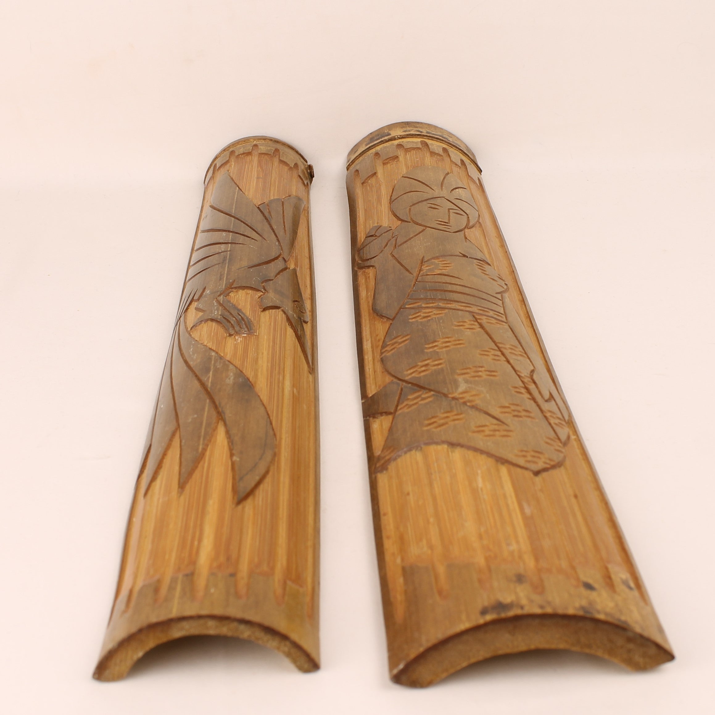 Japanese Bamboo Wall Panels – Hand-Carved Bird & Geisha – Set of 2