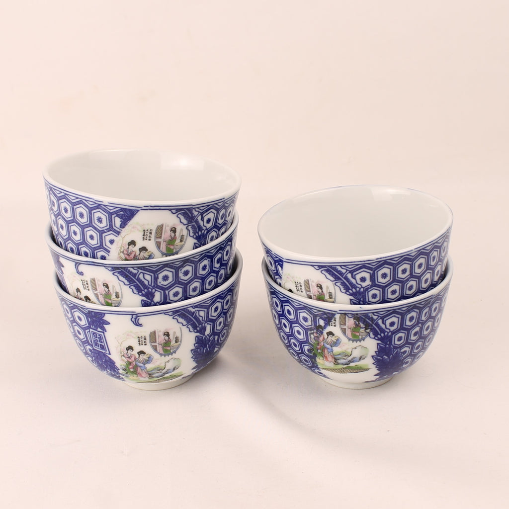 Japanse Porseleinen Theekopjes – Blauw Wit Transferdecor – Set van 5 – 1960s