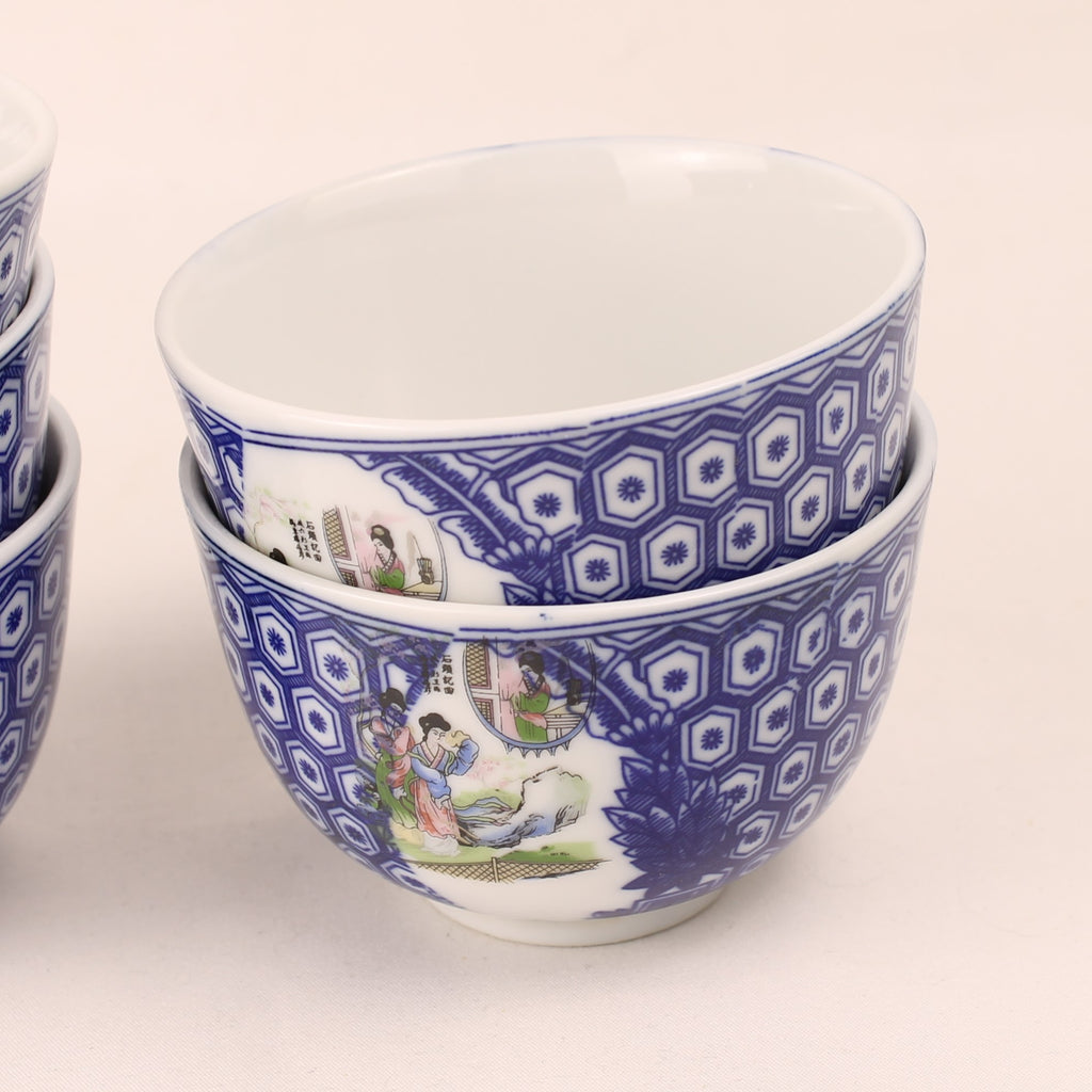 Japanse Porseleinen Theekopjes – Blauw Wit Transferdecor – Set van 5 – 1960s