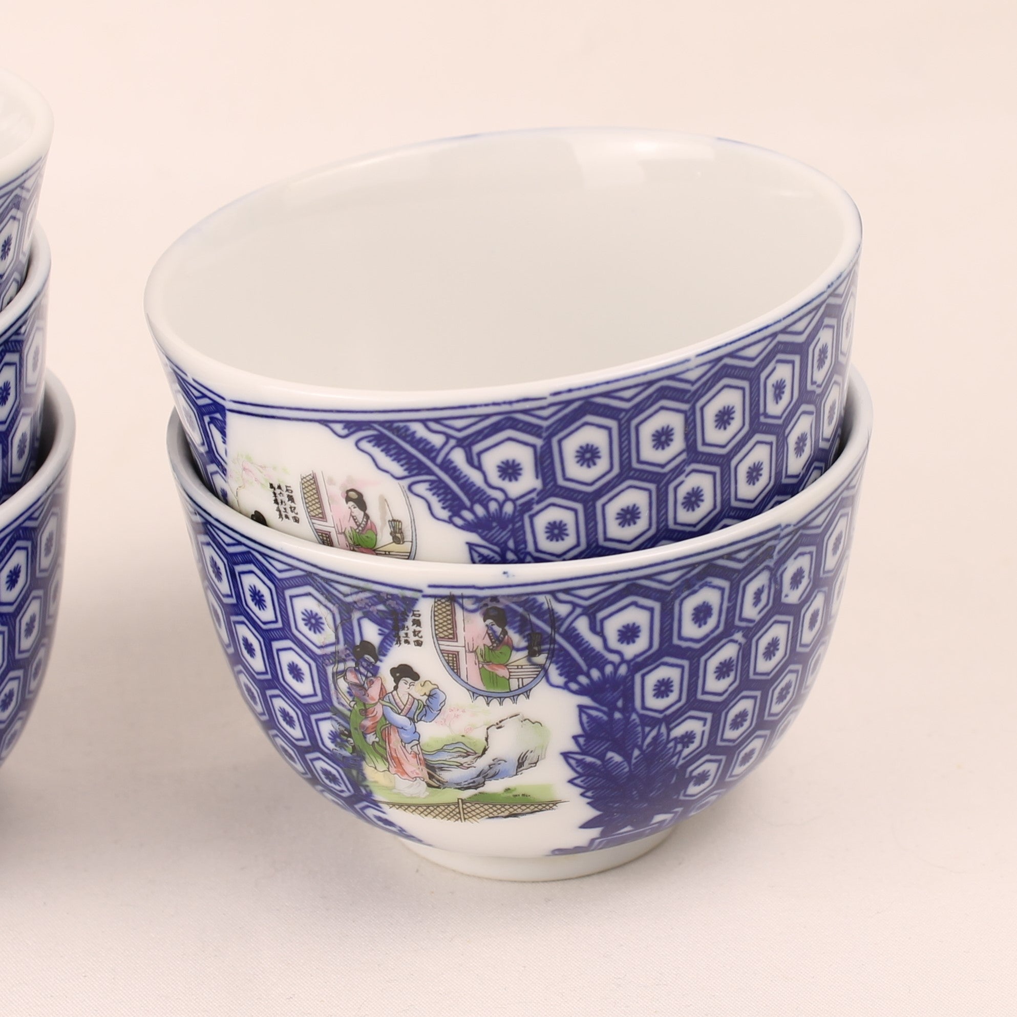 Japanse Porseleinen Theekopjes – Blauw Wit Transferdecor – Set van 5 – 1960s