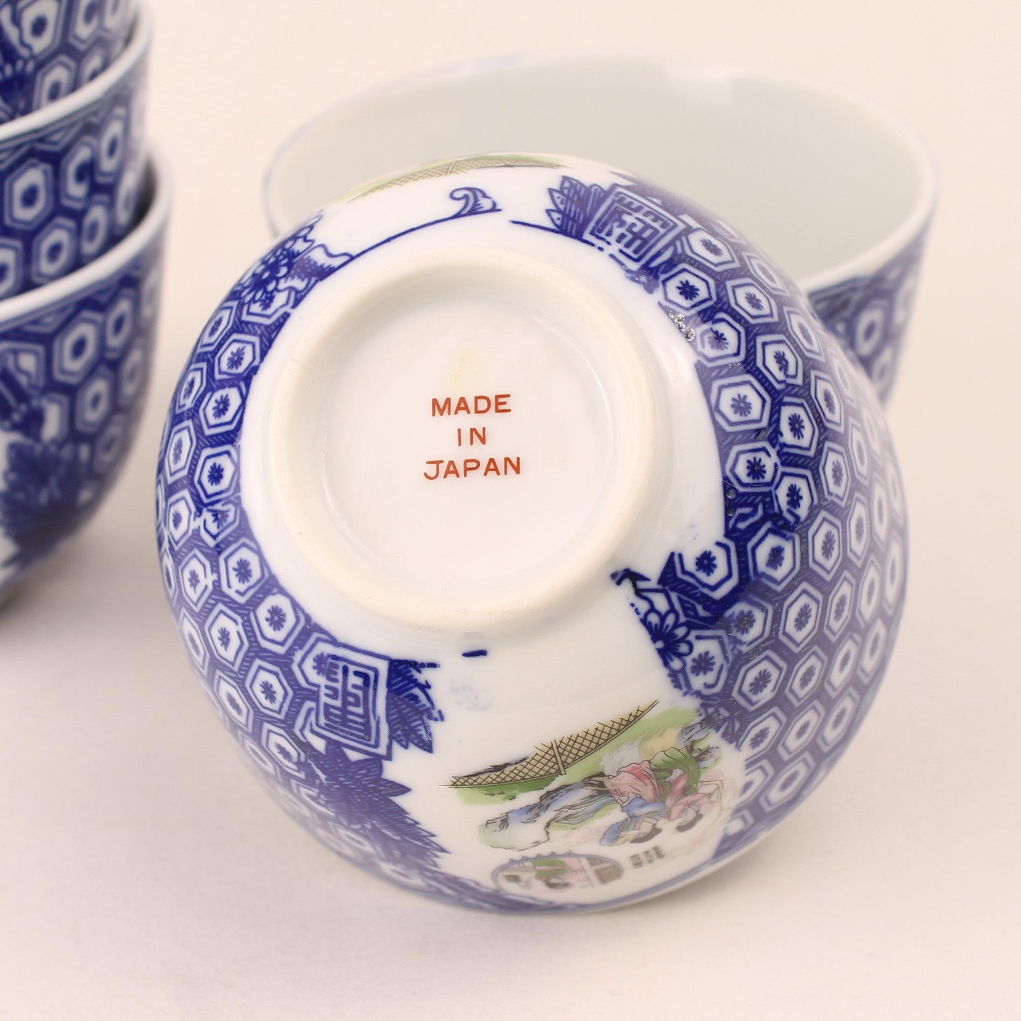 Japanse Porseleinen Theekopjes – Blauw Wit Transferdecor – Set van 5 – 1960s