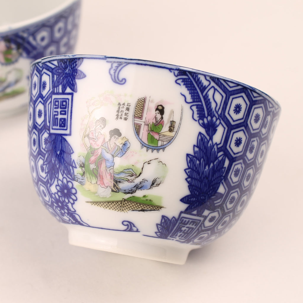 Japanse Porseleinen Theekopjes – Blauw Wit Transferdecor – Set van 5 – 1960s