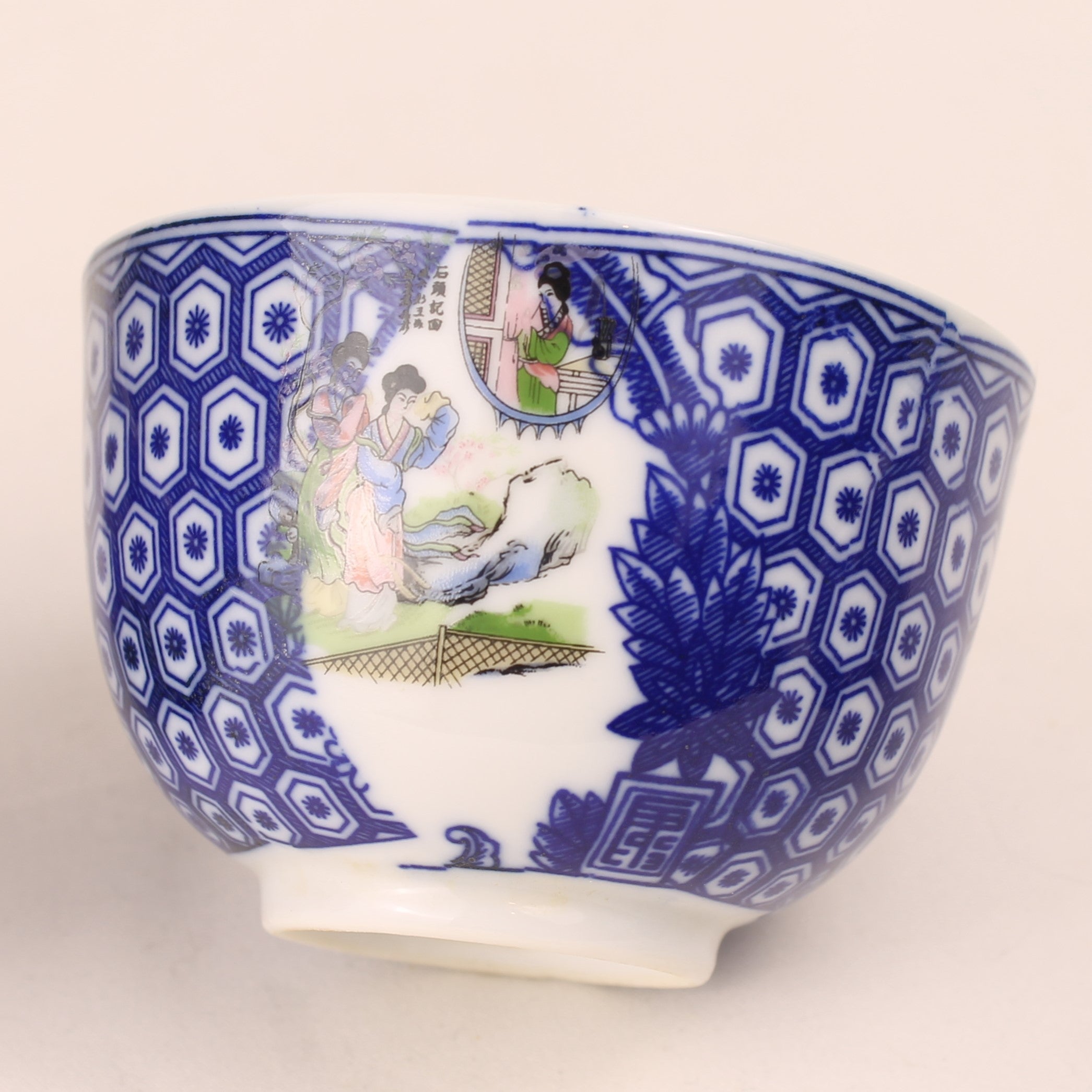 Japanse Porseleinen Theekopjes – Blauw Wit Transferdecor – Set van 5 – 1960s