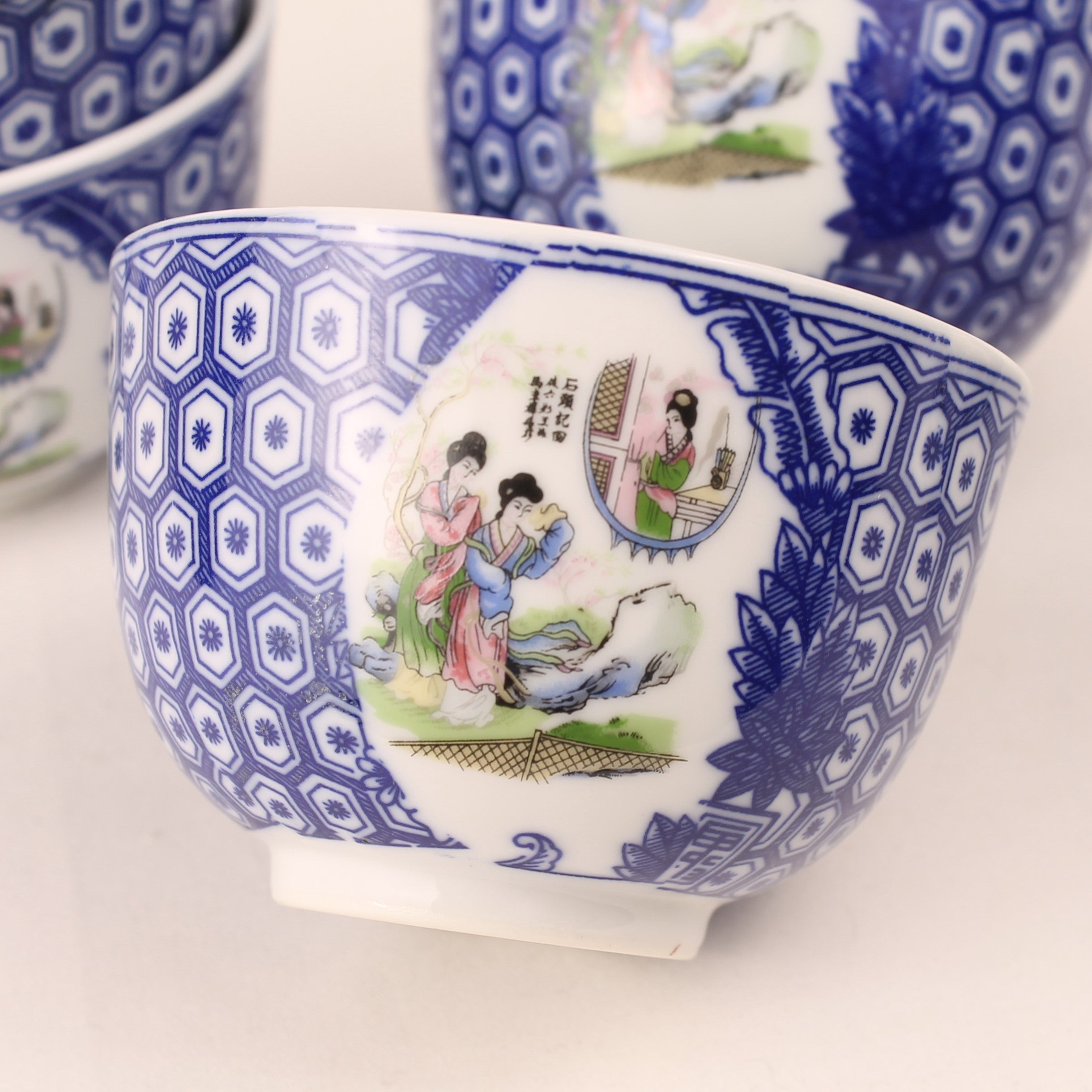 Japanse Porseleinen Theekopjes – Blauw Wit Transferdecor – Set van 5 – 1960s