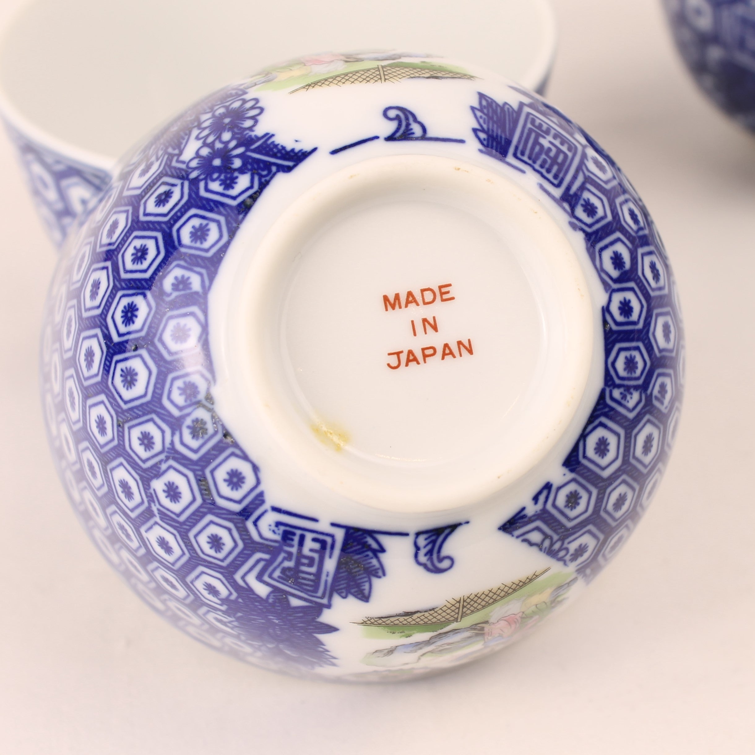 Japanse Porseleinen Theekopjes – Blauw Wit Transferdecor – Set van 5 – 1960s