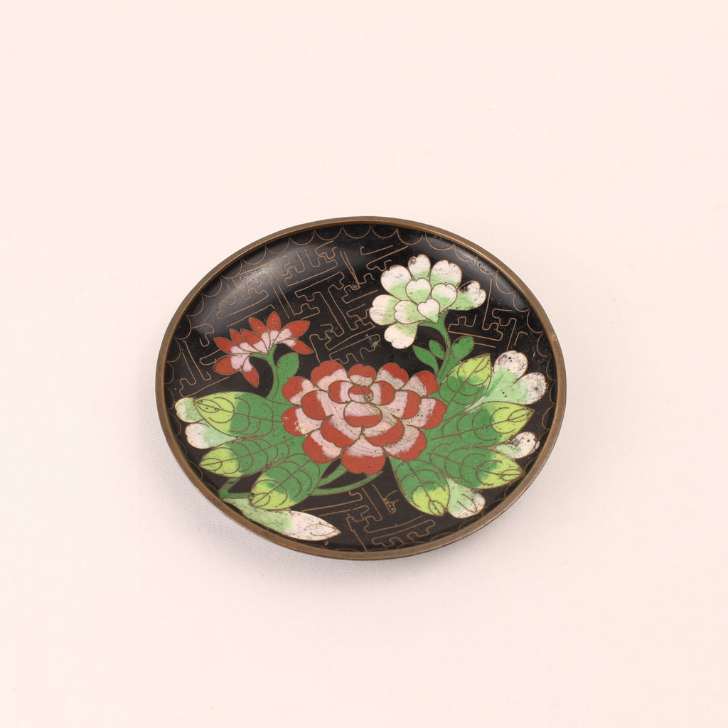 Koperen Schaaltje Geëmailleerd - Zwart Fond met Bloem - 9,5 cm Vintage