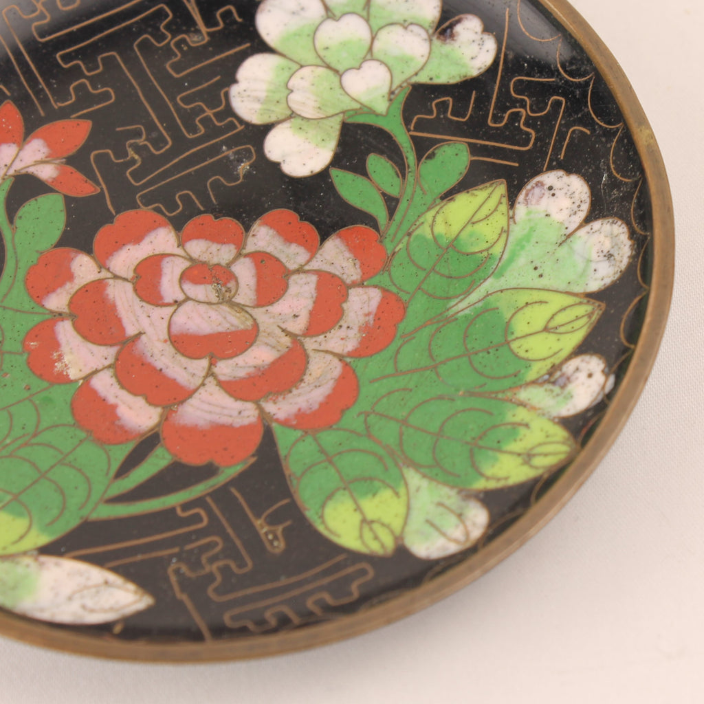 Koperen Schaaltje Geëmailleerd - Zwart Fond met Bloem - 9,5 cm Vintage