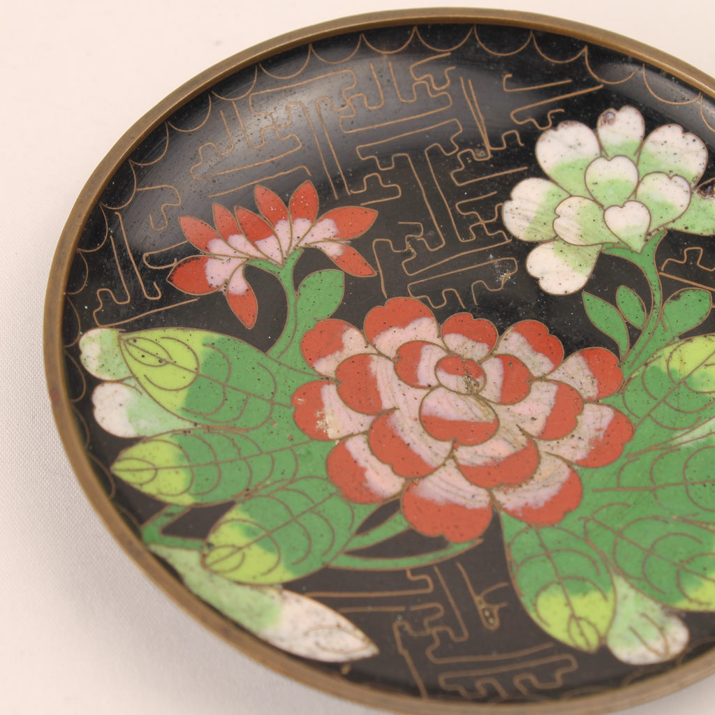 Koperen Schaaltje Geëmailleerd - Zwart Fond met Bloem - 9,5 cm Vintage