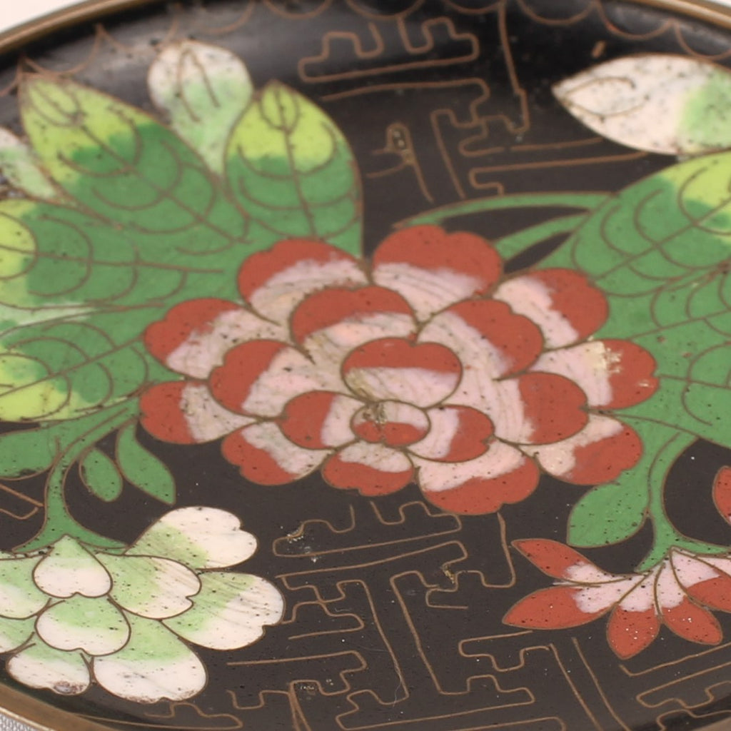 Koperen Schaaltje Geëmailleerd - Zwart Fond met Bloem - 9,5 cm Vintage