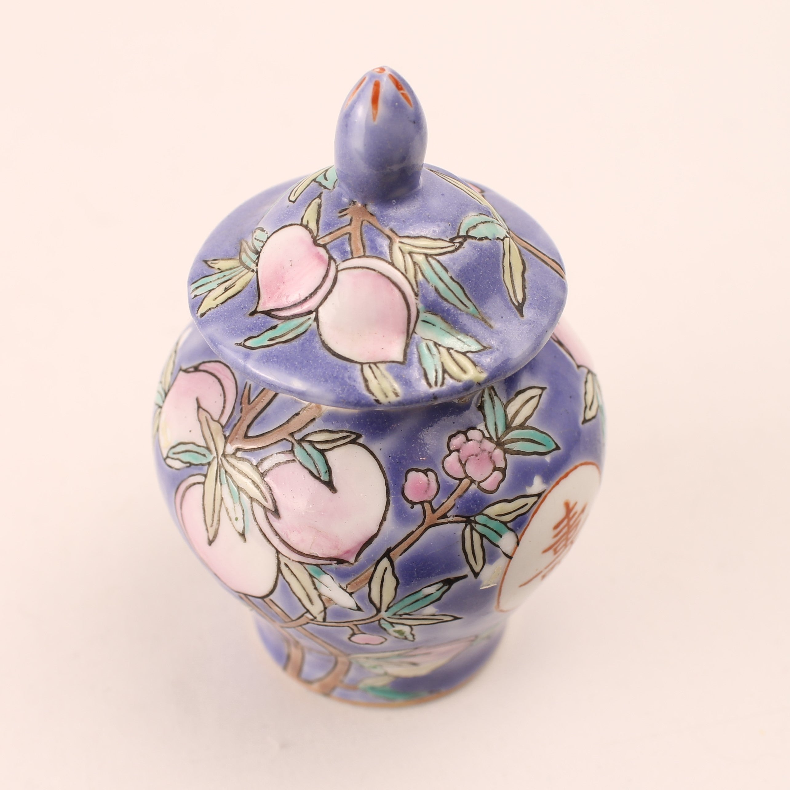 Chinees Porseleinen Potje met Deksel - Perzik & Shou Symbool - 9 cm