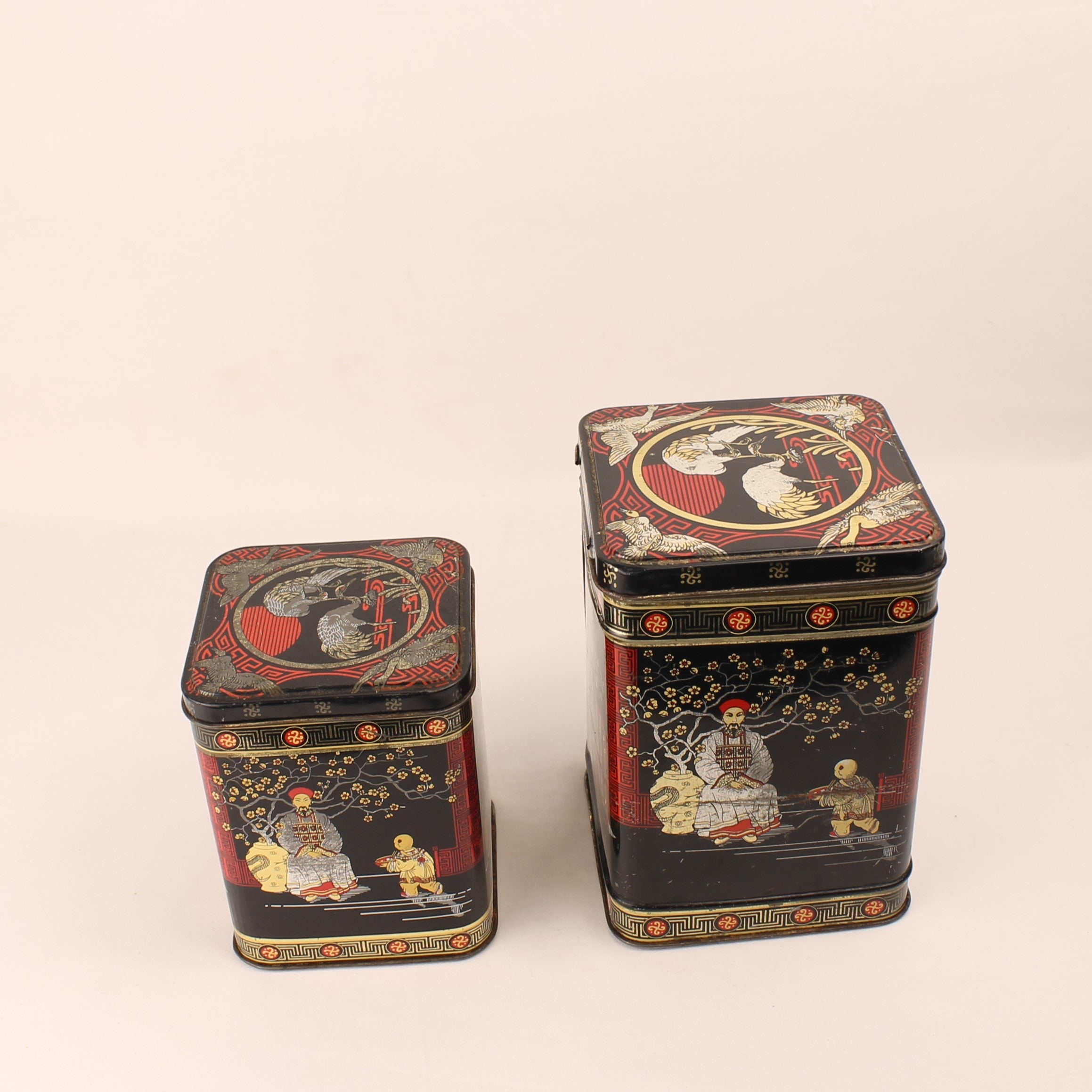 Japanese Tea Caddy Set – Black & Gold with Oriental Scenes – c. 1950–1970