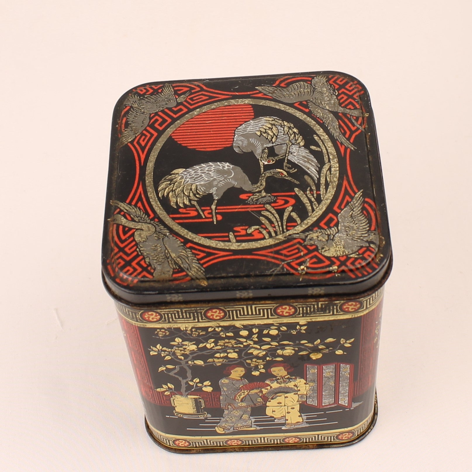 Japanese Tea Caddy Set – Black & Gold with Oriental Scenes – c. 1950–1970
