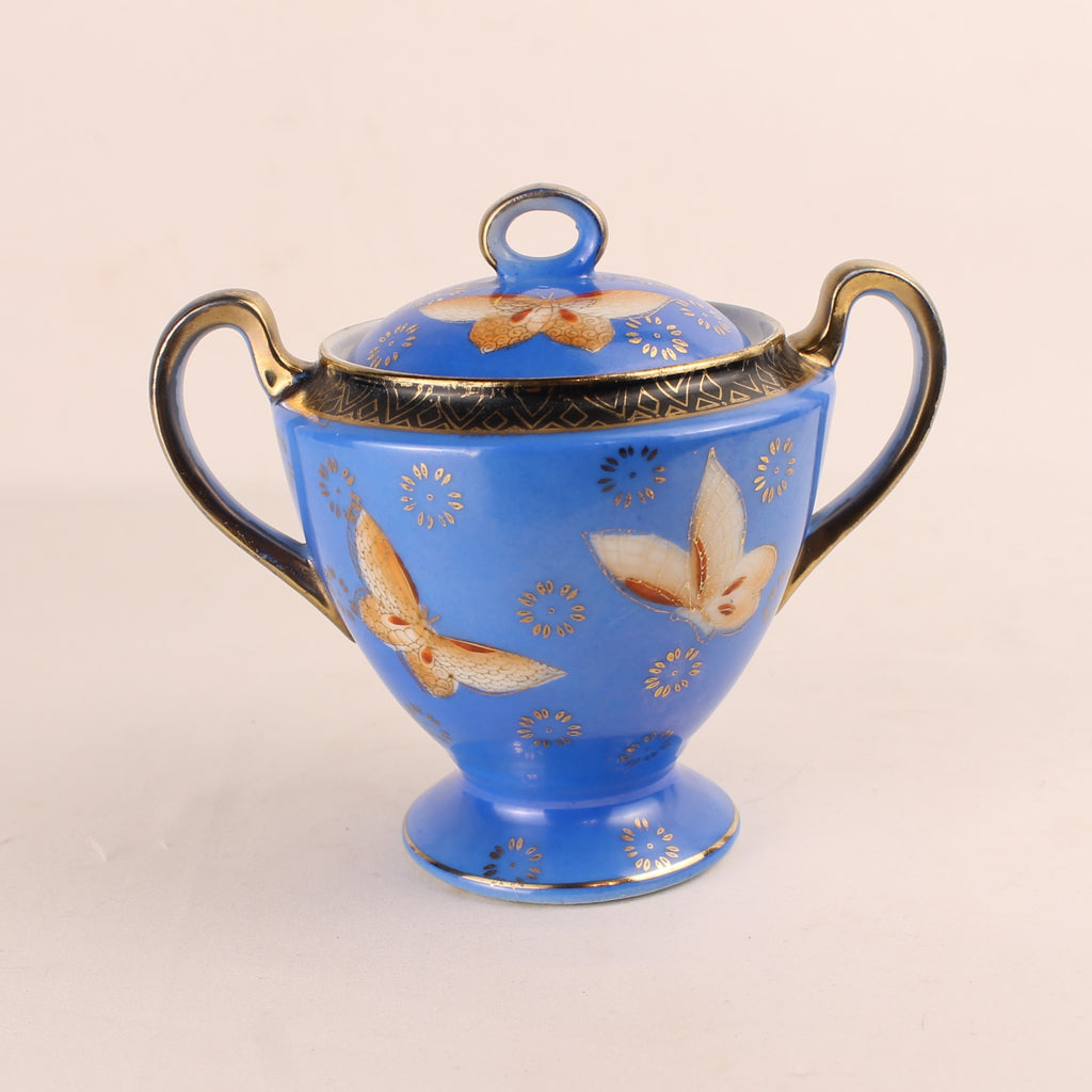 Art Nouveau Suikerpot met Vlinders – Blauw Porselein met Vergulding – ca. 1900