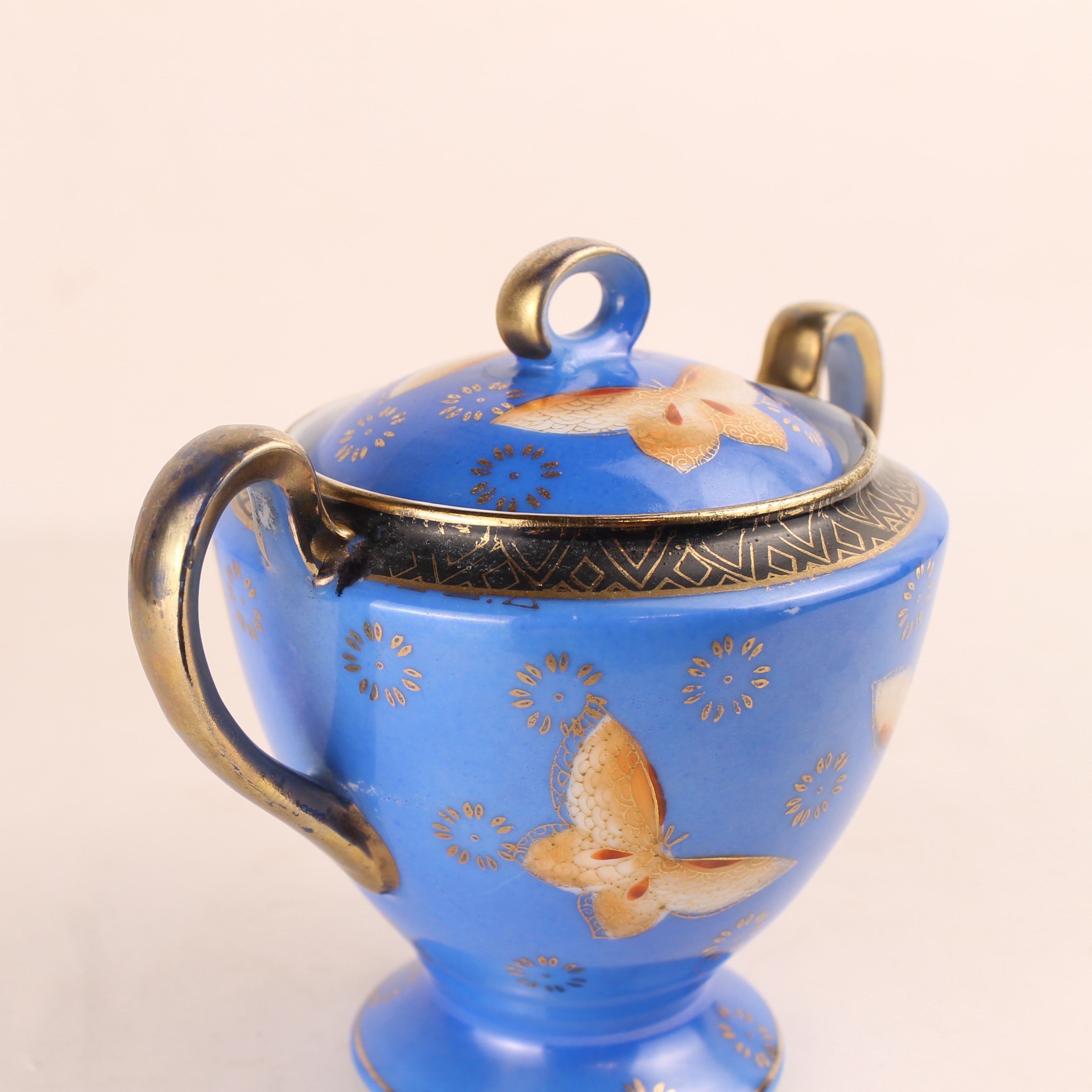 Art Nouveau Suikerpot met Vlinders – Blauw Porselein met Vergulding – ca. 1900