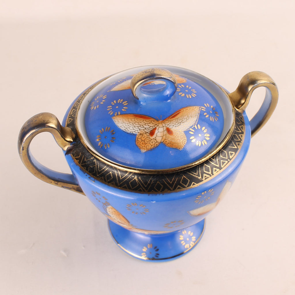 Art Nouveau Suikerpot met Vlinders – Blauw Porselein met Vergulding – ca. 1900
