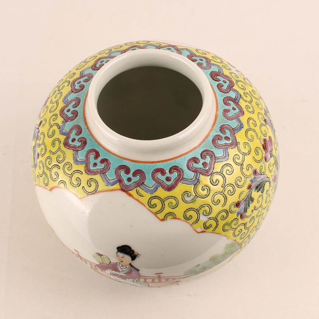 Chinees Jingdezhen Porselein Dekselpot – Gele Grond – Reliëfdecor