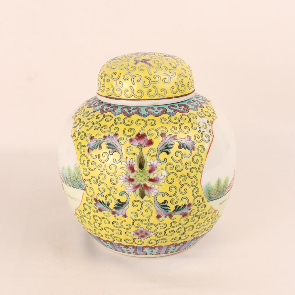 Chinees Jingdezhen Porselein Dekselpot – Gele Grond – Reliëfdecor