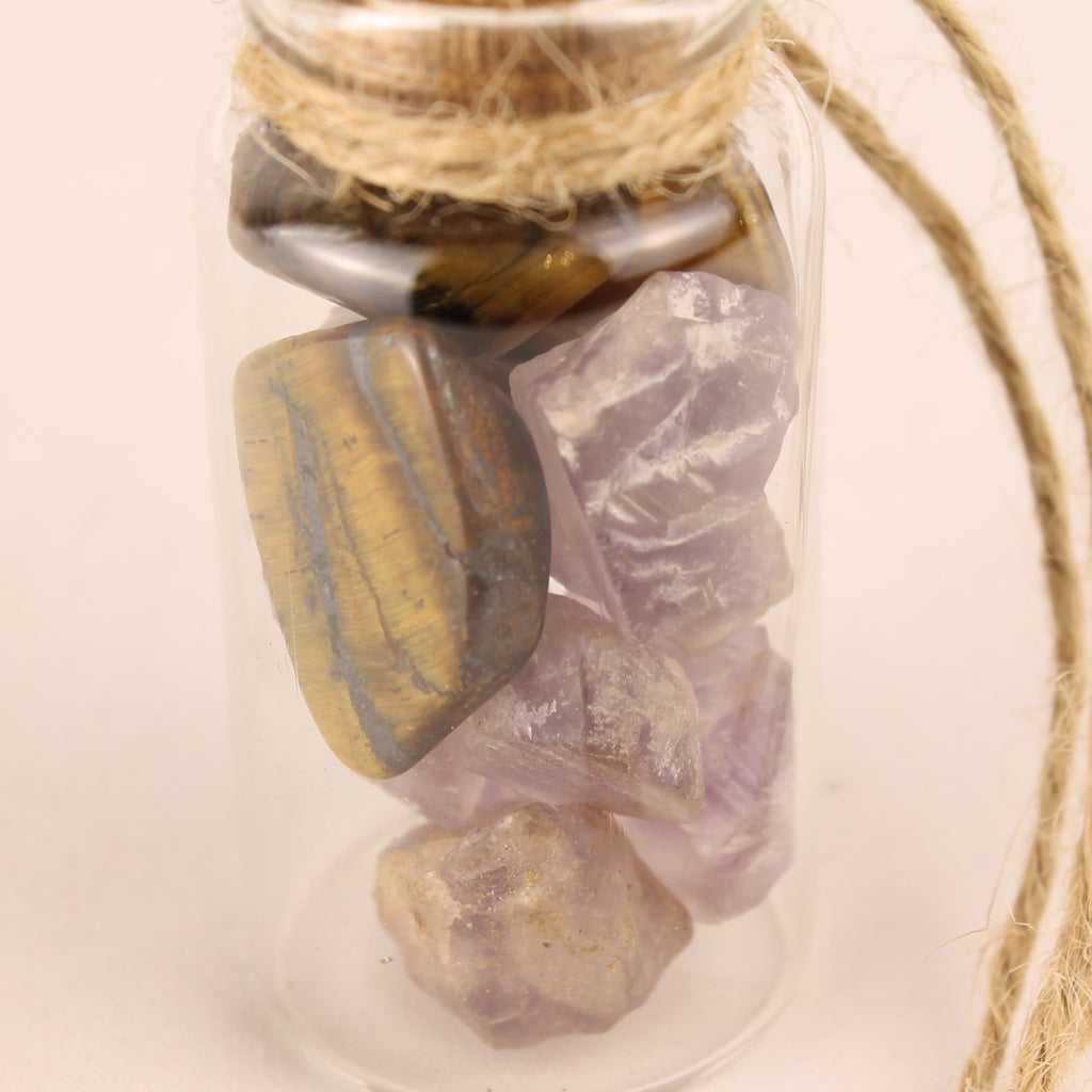 Glazen Flesje met Amethist en Tijgeroog - Natuurlijke Mineralen