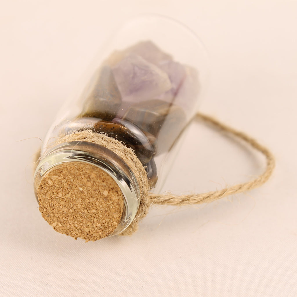 Glazen Flesje met Amethist en Tijgeroog - Natuurlijke Mineralen