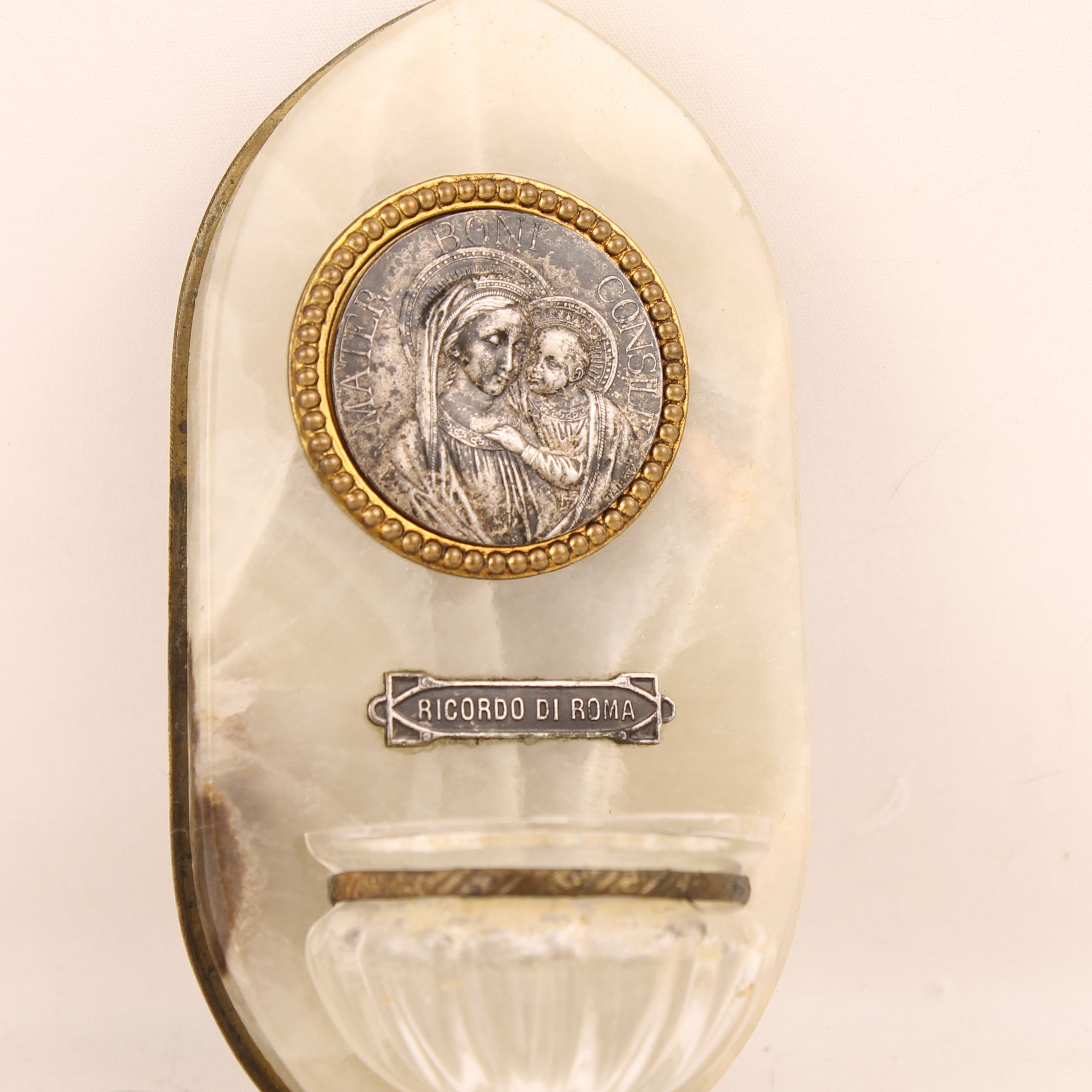 Italian Alabaster Holy Water Font – Souvenir of Rome – Madonna and Child