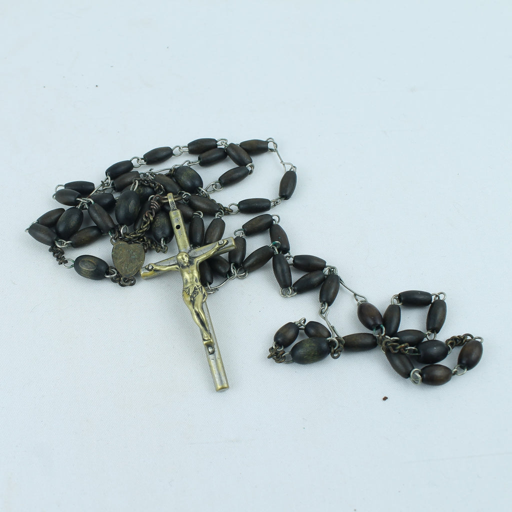Katholieke Rozenkrans met Houten Kralen en Messing Crucifix – Interbellum