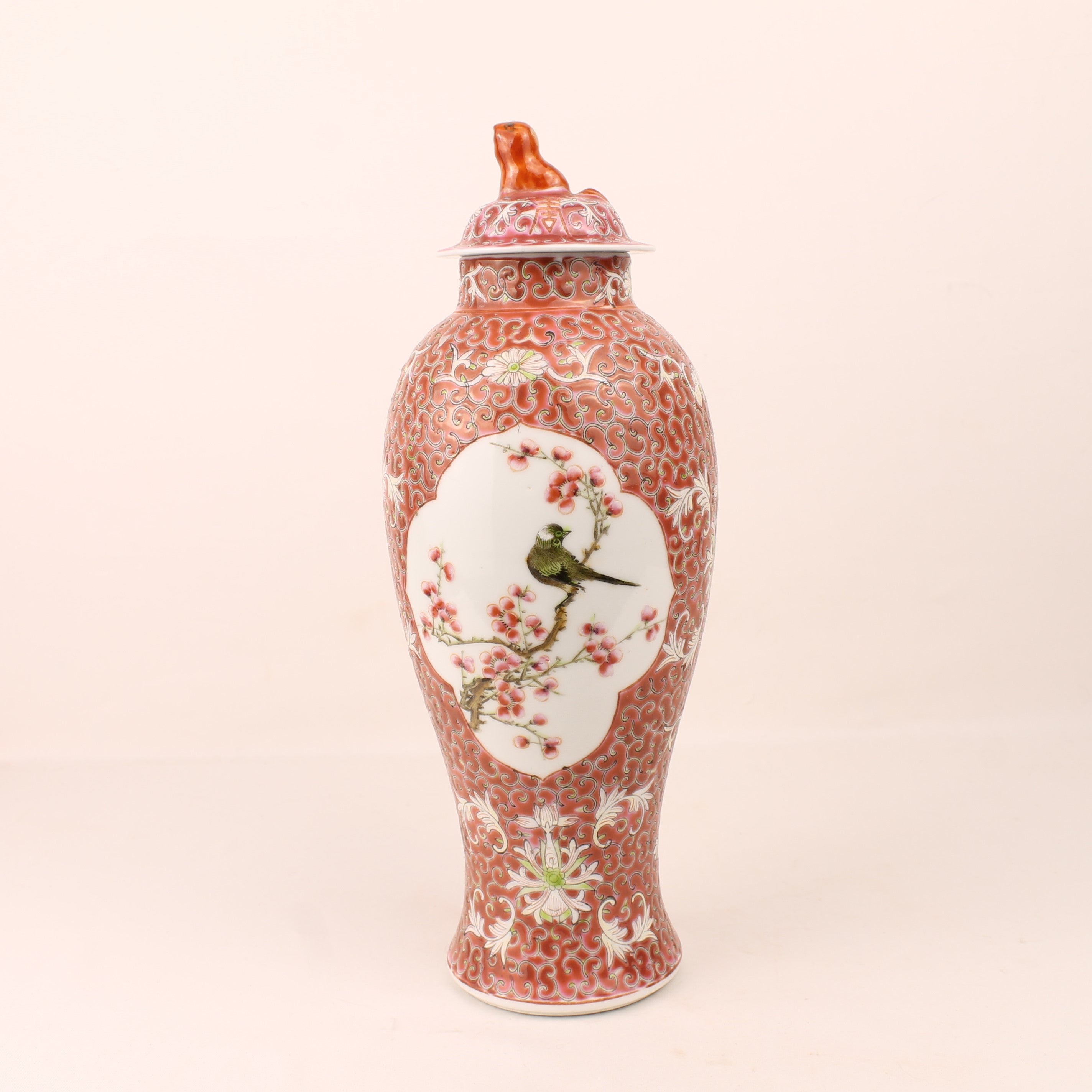Chinese Famille Rose Ginger Jar met Vogel en Bloesem – Vintage Porselein 27 cm