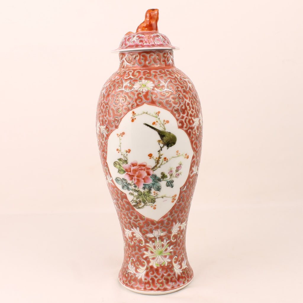 Chinese Famille Rose Ginger Jar met Vogel en Bloesem – Vintage Porselein 27 cm