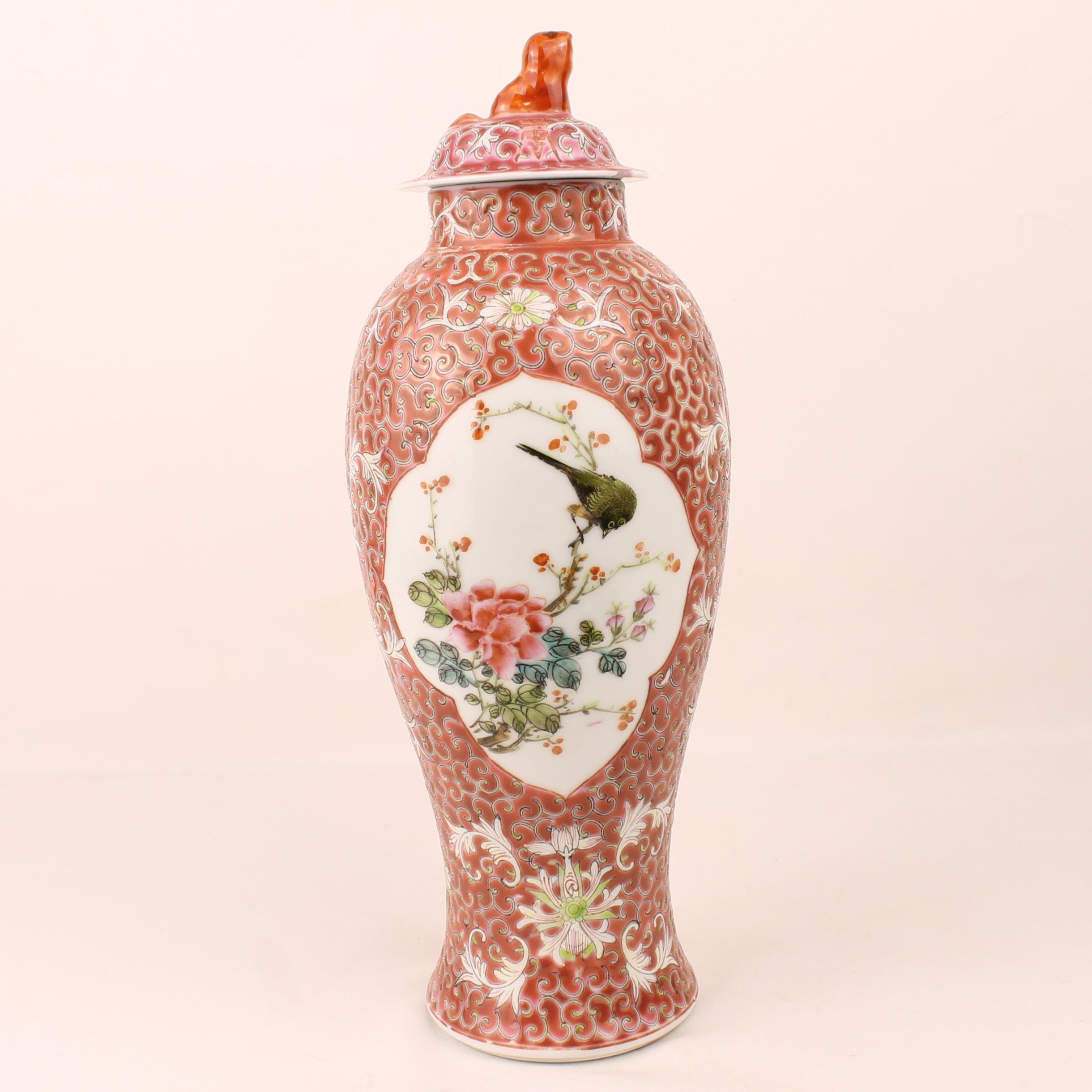 Chinese Famille Rose Ginger Jar met Vogel en Bloesem – Vintage Porselein 27 cm