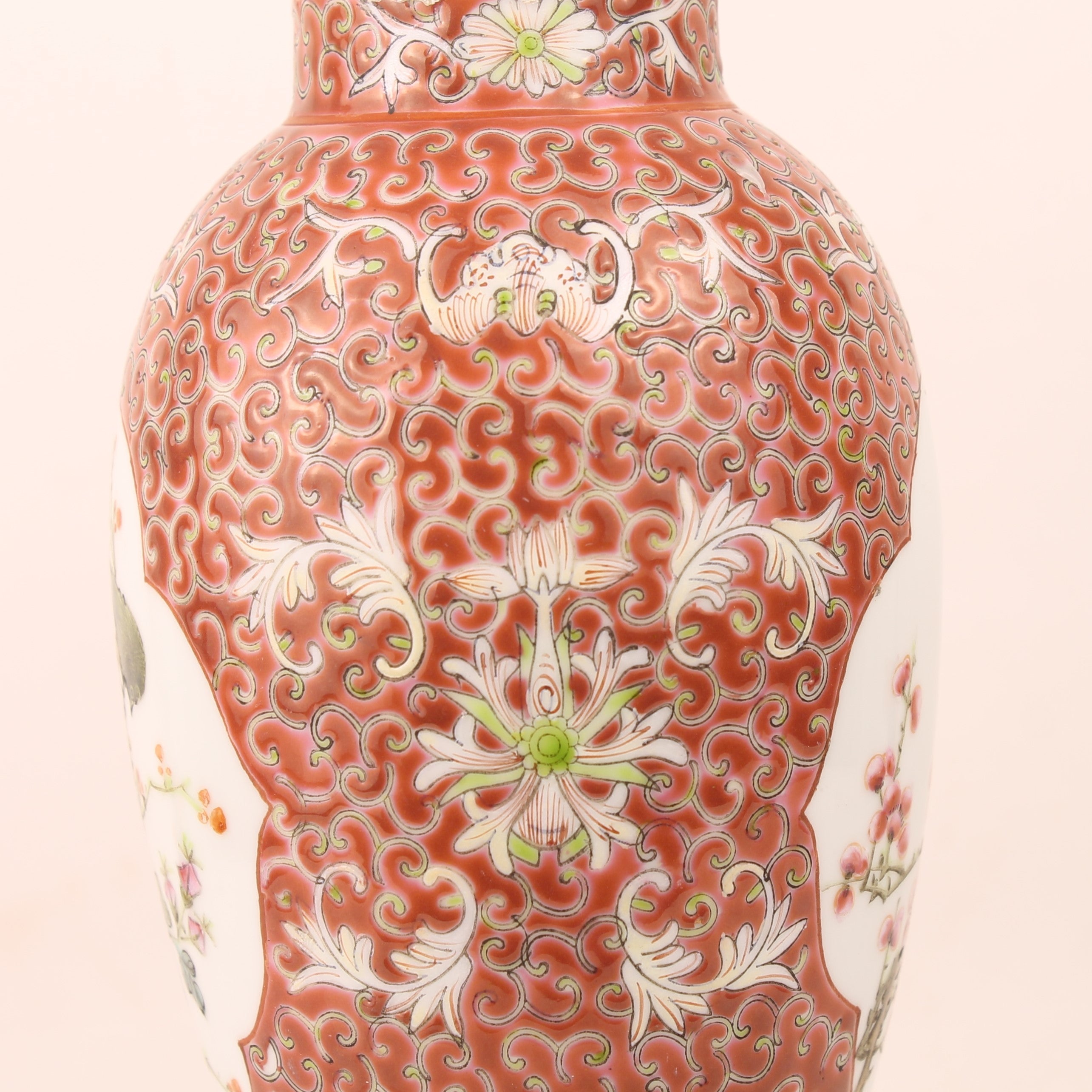 Chinese Famille Rose Ginger Jar met Vogel en Bloesem – Vintage Porselein 27 cm