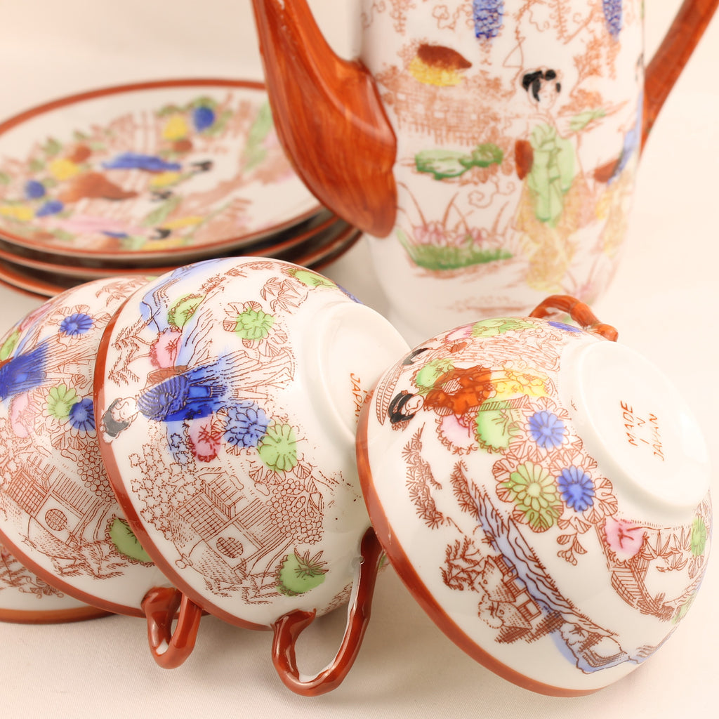 Japanse Geisha Theeset – 2 Theepotten – 4 Kop & Schotel – Made in Japan ca. 1950