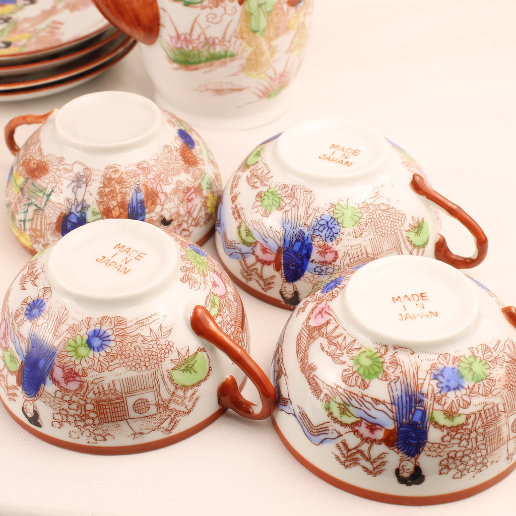 Japanse Geisha Theeset – 2 Theepotten – 4 Kop & Schotel – Made in Japan ca. 1950