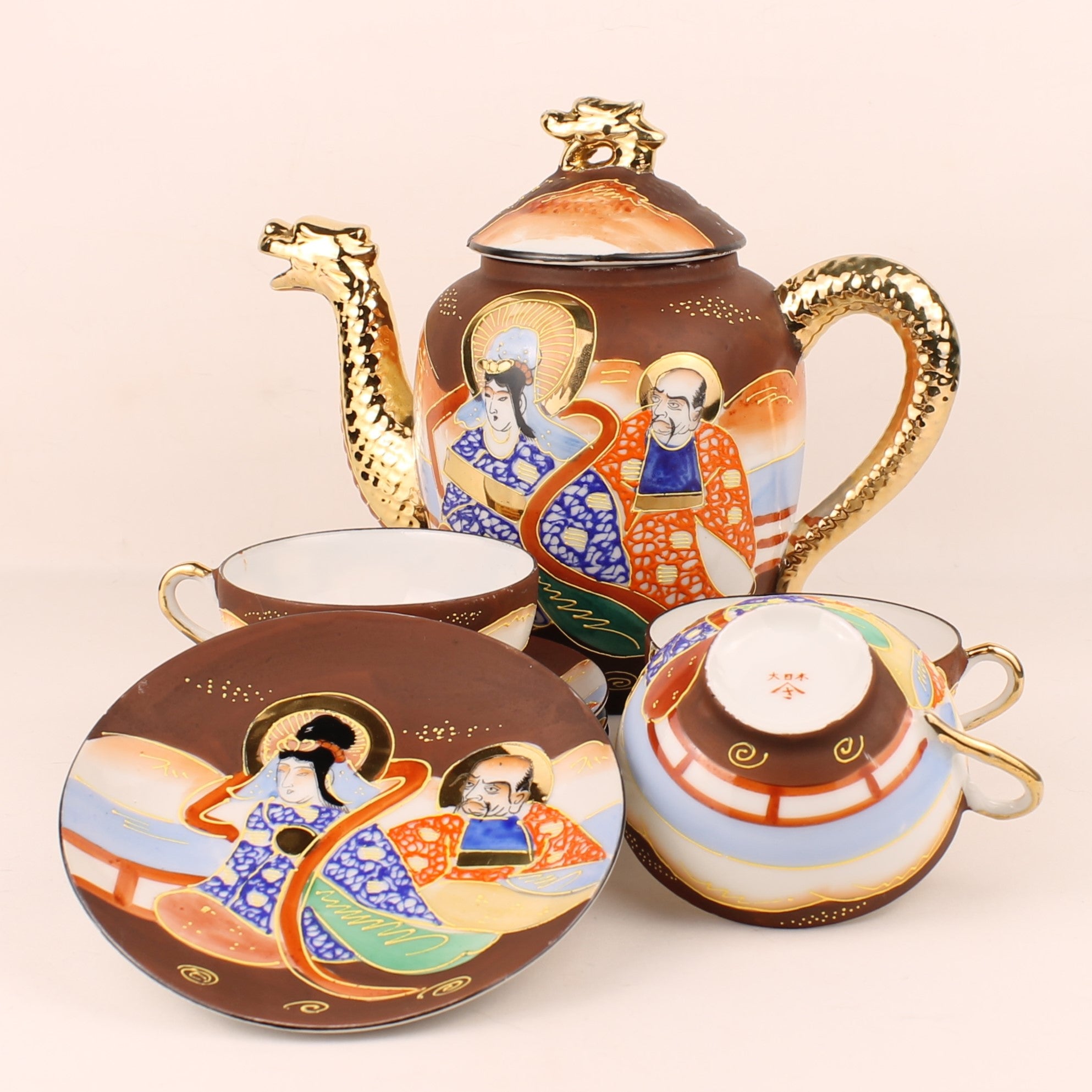 Japanse Satsuma Stijl Theeset met Draken Theepot – Eggshell Porselein & Moriage Decor – Showa Periode