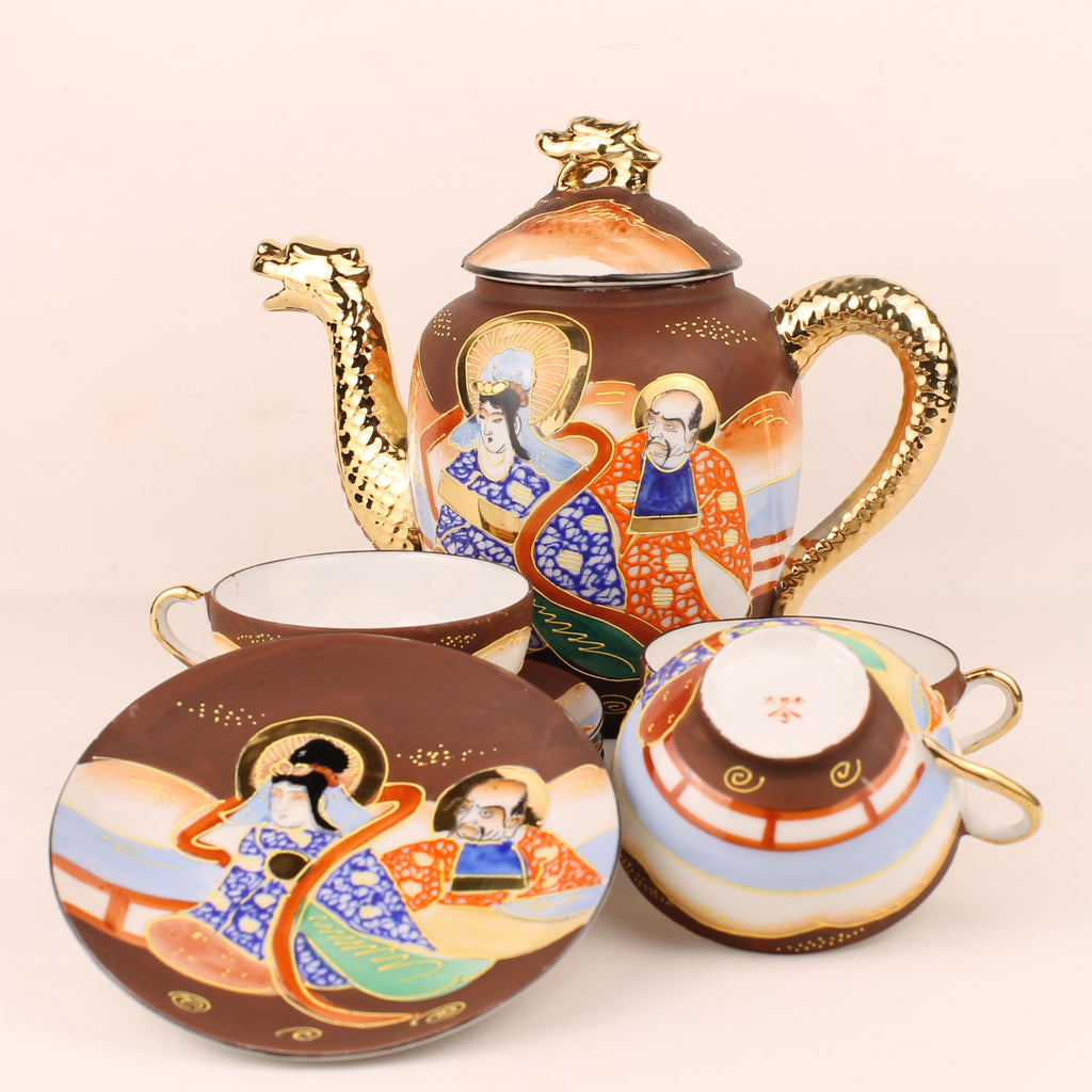 Japanse Satsuma Stijl Theeset met Draken Theepot – Eggshell Porselein & Moriage Decor – Showa Periode