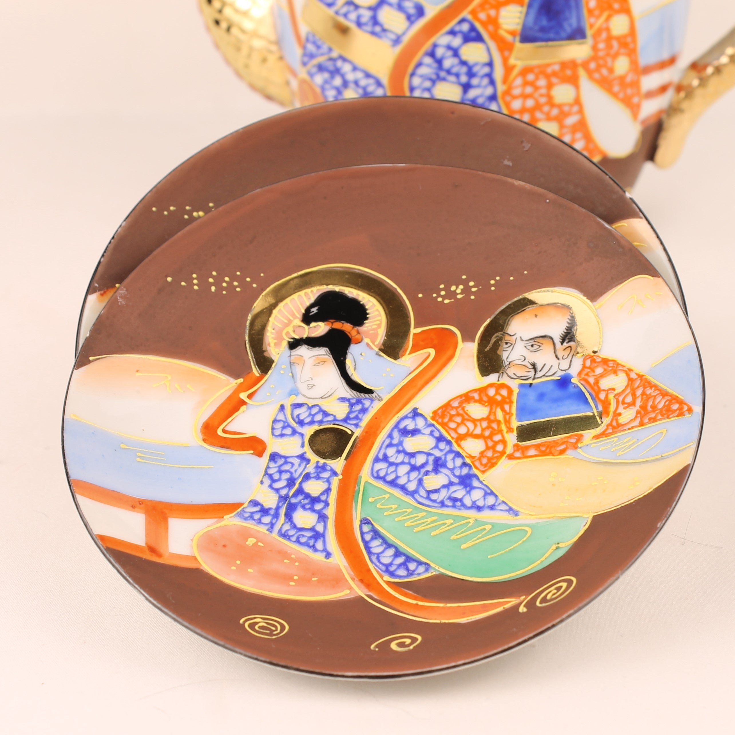 Japanse Satsuma Stijl Theeset met Draken Theepot – Eggshell Porselein & Moriage Decor – Showa Periode